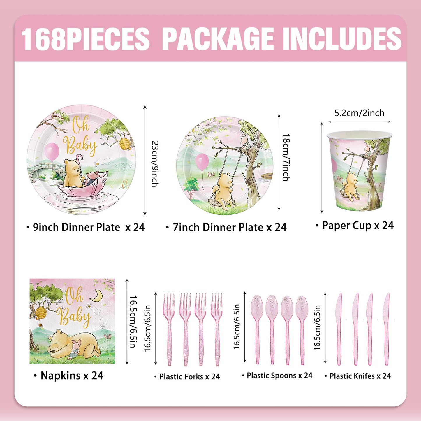 168pcs Classic Winnie Bear Baby Shower Paper Plates Napkin Party Supplies Girl Baby Shower Decorations Disposable Cutlery Tableware Set Serve 24