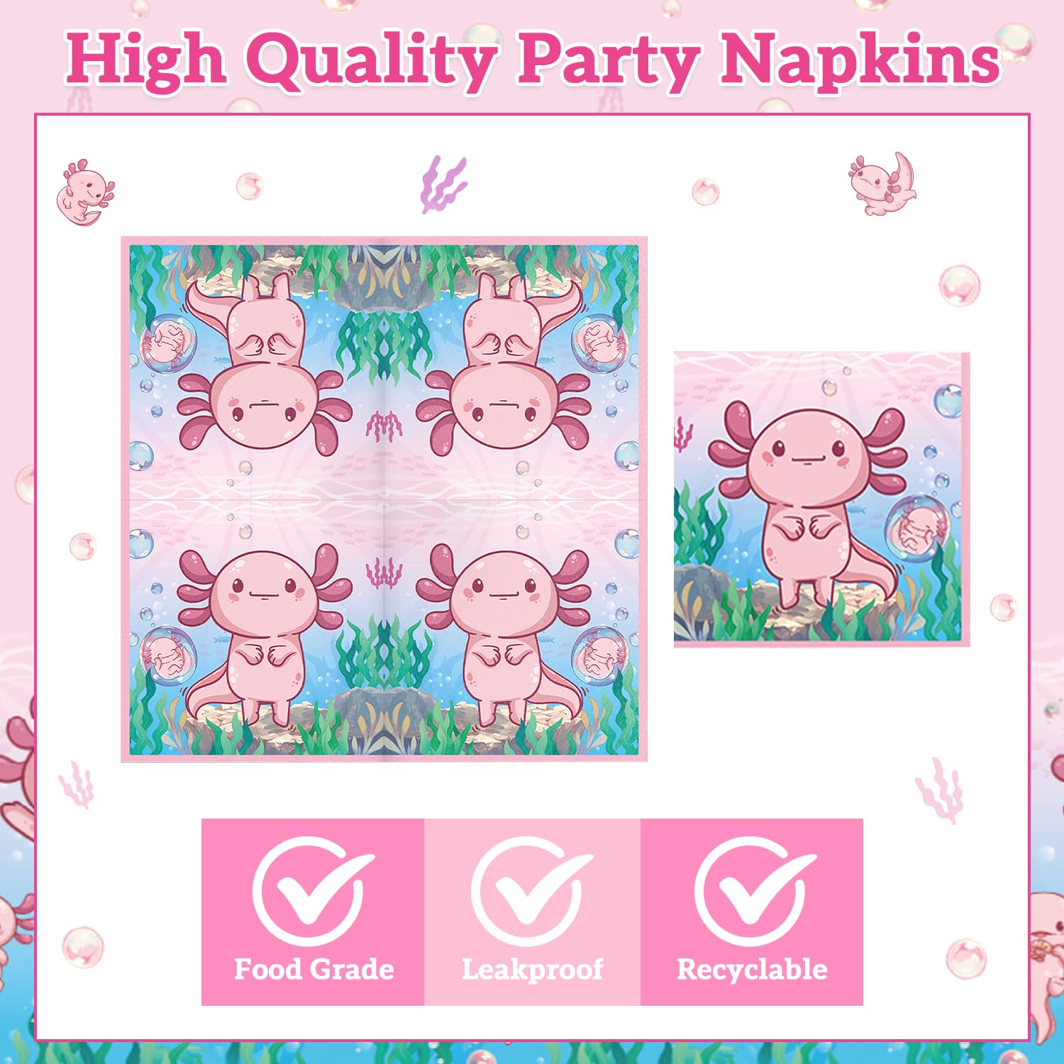 100PCS Pink Cartoon Axolotl Birthday Party Decorations, Axolotl Party Supplies Plates and Napkins Set, Axolotl Theme Paper Food Trays Large Food