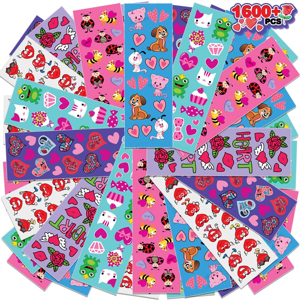 ArtCreativity 1600 Valentines Stickers for Kids, with 100 Sticker Sheets, Holiday Stickers and Treats Assortment, Valentines Party Favors for Boys