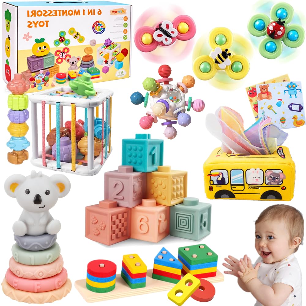 Montessori Baby Toys 6-12-18 Months, Toys for 1 + Year Old, Infant Teething Toy Stacking Building Blocks Shape Sorter, Spinner and More. Sorting
