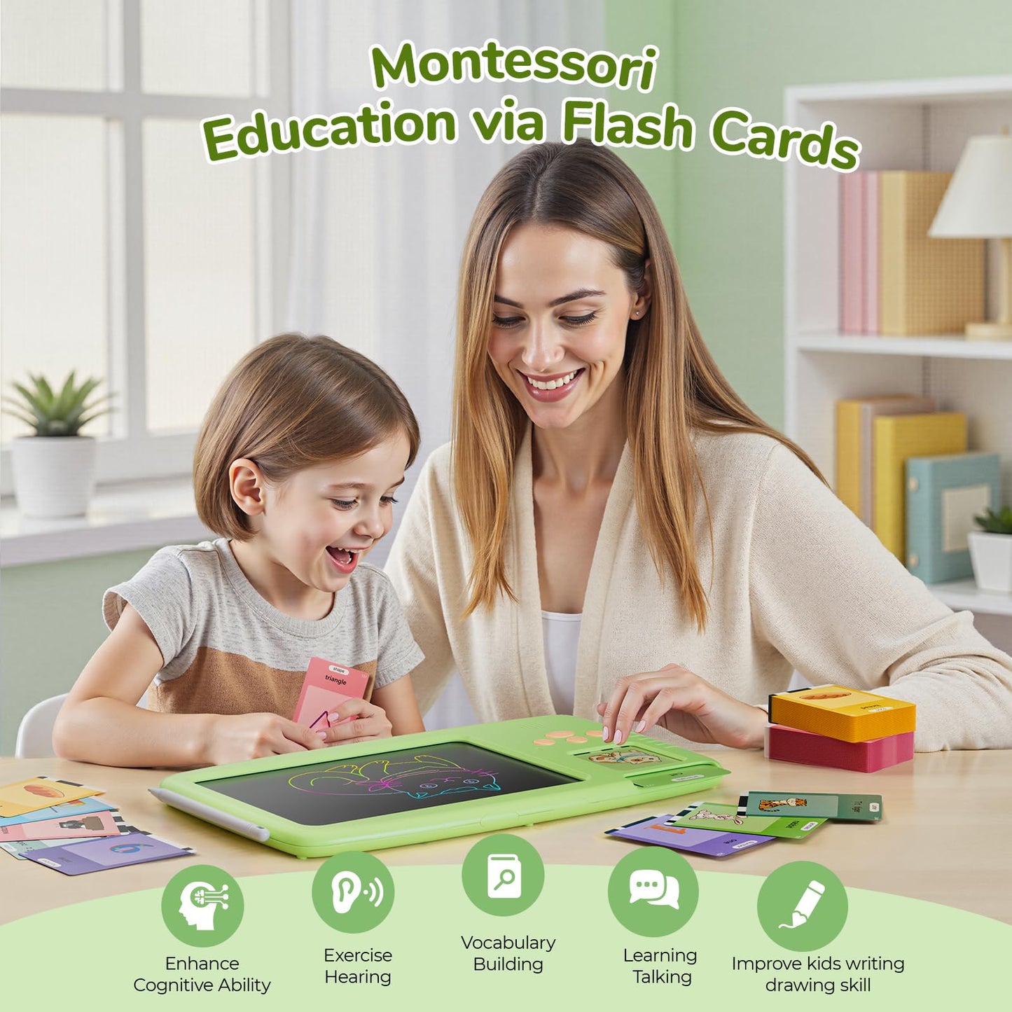 ZONSTVYS Talking Flash Cards for Toddlers: 2-in-1 LCD Writing Tablet, Green