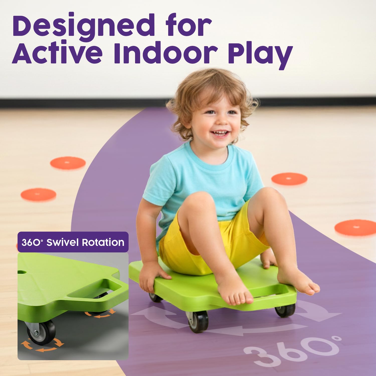 Hurtle Scooter Boards for Kids with Safety Handles, 2-Pack Heavy Duty Gym Floor Scooters with 360° Wheels for PE, Indoor Active Play, Support 200 lbs