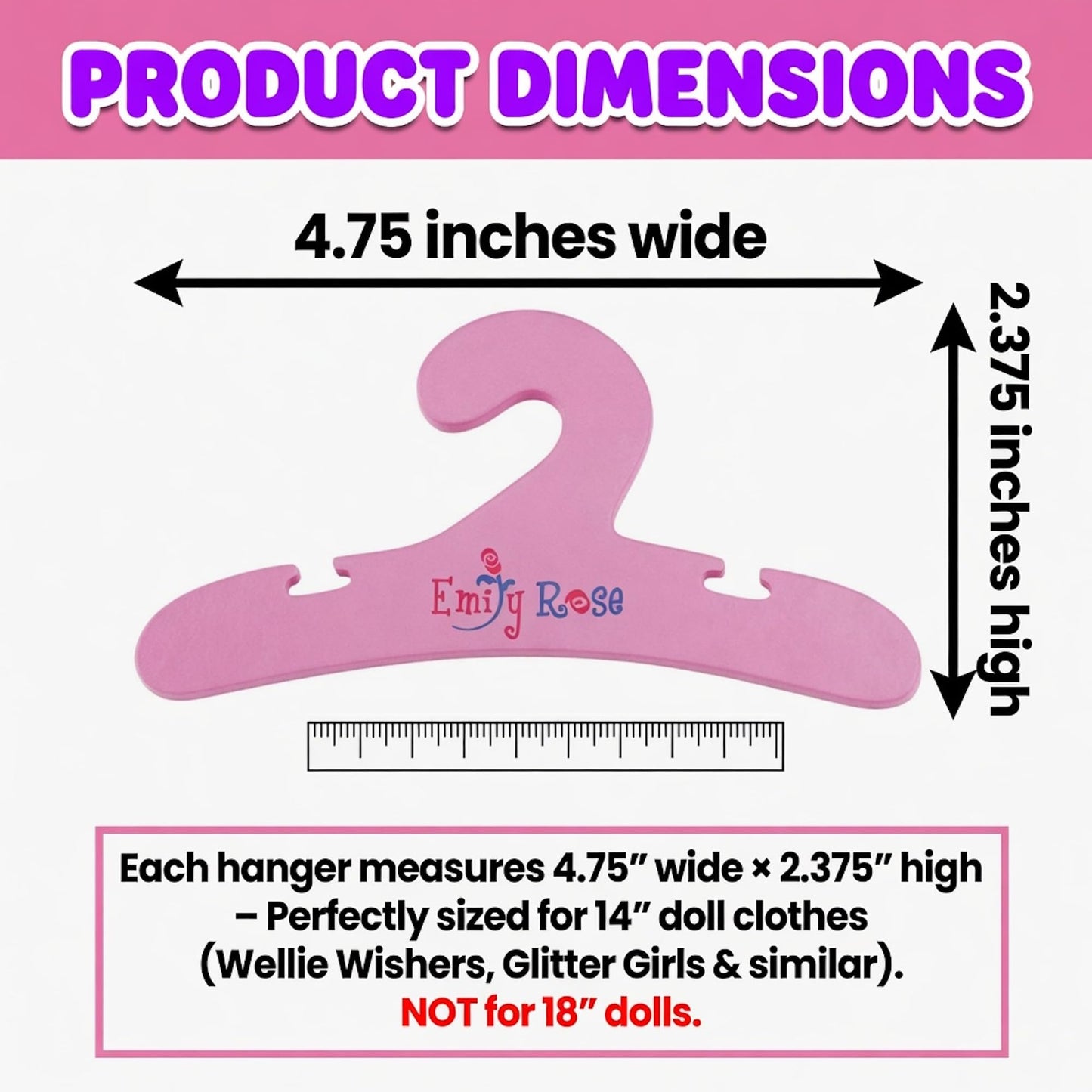 Emily Rose Pink Doll Clothes Hangers for 14 Inch Doll Clothes - 10 Pack Organization Accessories Fits 14"-15" Doll Clothing (Glitter Girls & Similar)