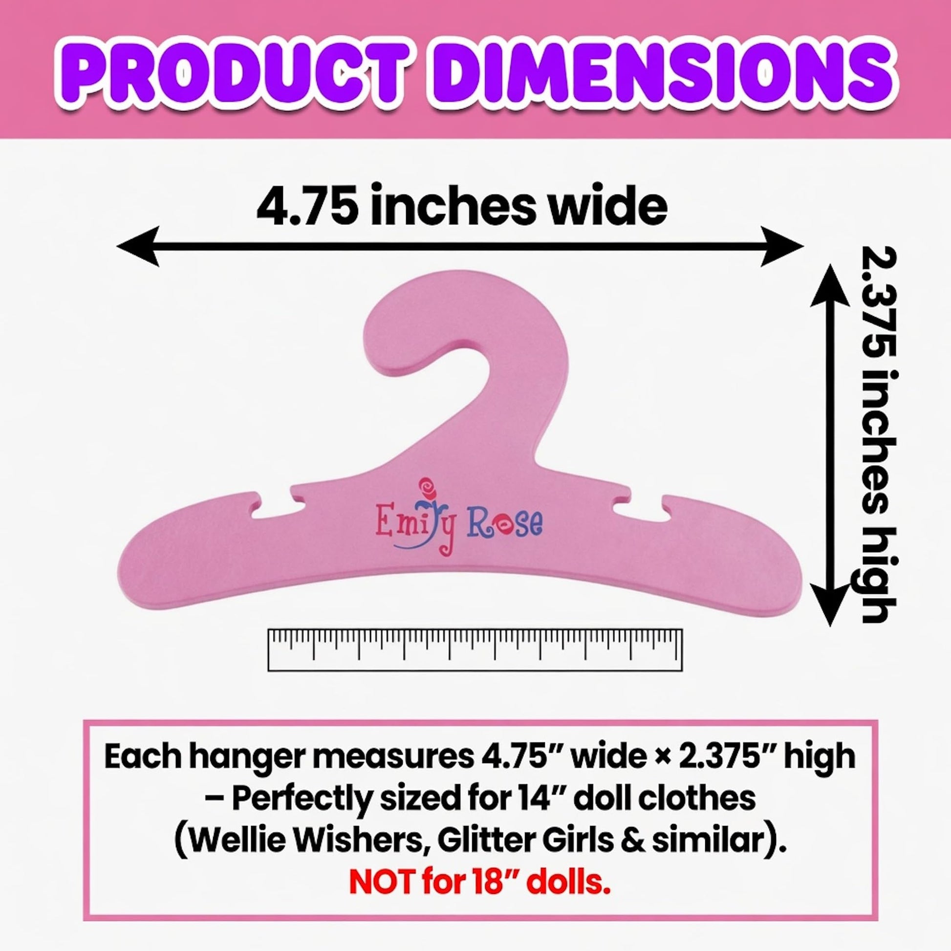 Emily Rose Pink Doll Clothes Hangers for 14 Inch Doll Clothes - 10 Pack Organization Accessories Fits 14"-15" Doll Clothing (Glitter Girls & Similar)