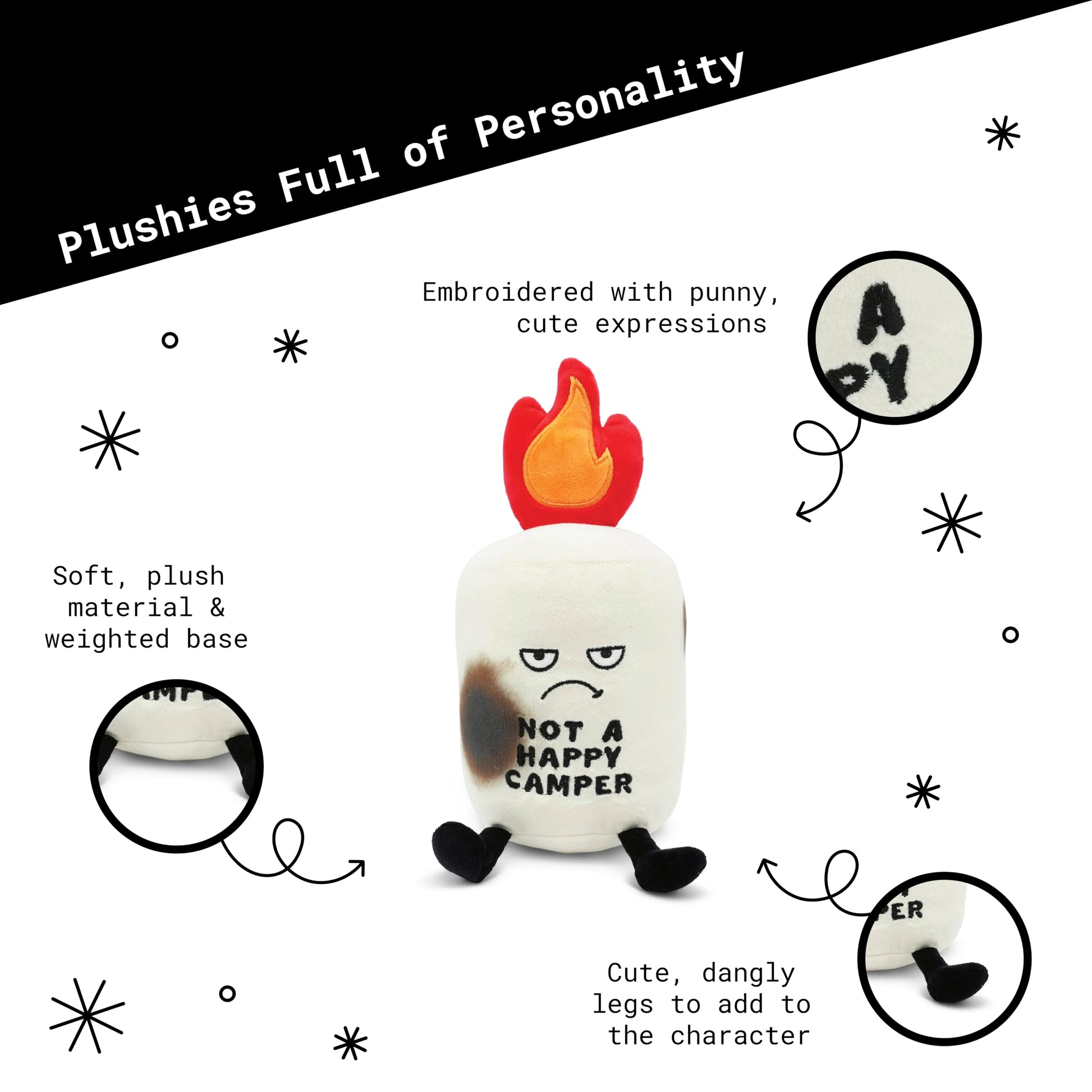 Punchkins “Not a Happy Camper” Marshmallow Campfire Plush - Funny Punny Stuffed Toy, Soft Weighted Novelty Gift Plushie for Teens & Adults