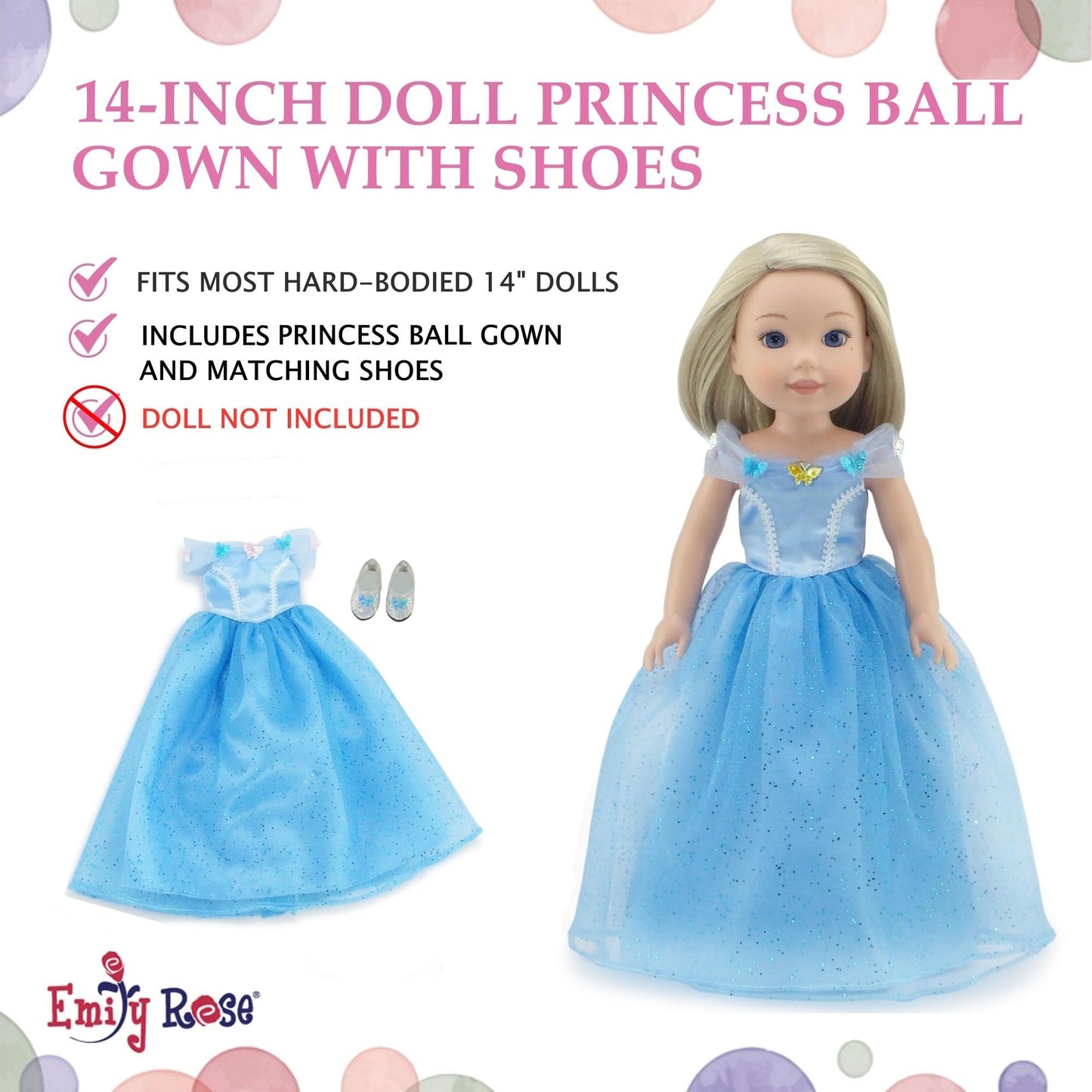 Emily Rose 14 & 14.5 Inch Doll Sparkling Blue Princess Dress Fairytale Ballgown & Slipper Shoes | USA Brand | Magical Outfit for Hard-Bodied Dolls |