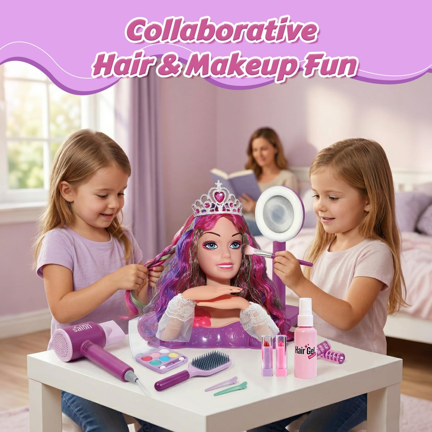 Princess Hair Styling Doll Head Makeup Kit for Girls- Pink, Purple Highlighted Wavy Hair Salon Set with 20+ Accessories - Makeup & Braiding Playset