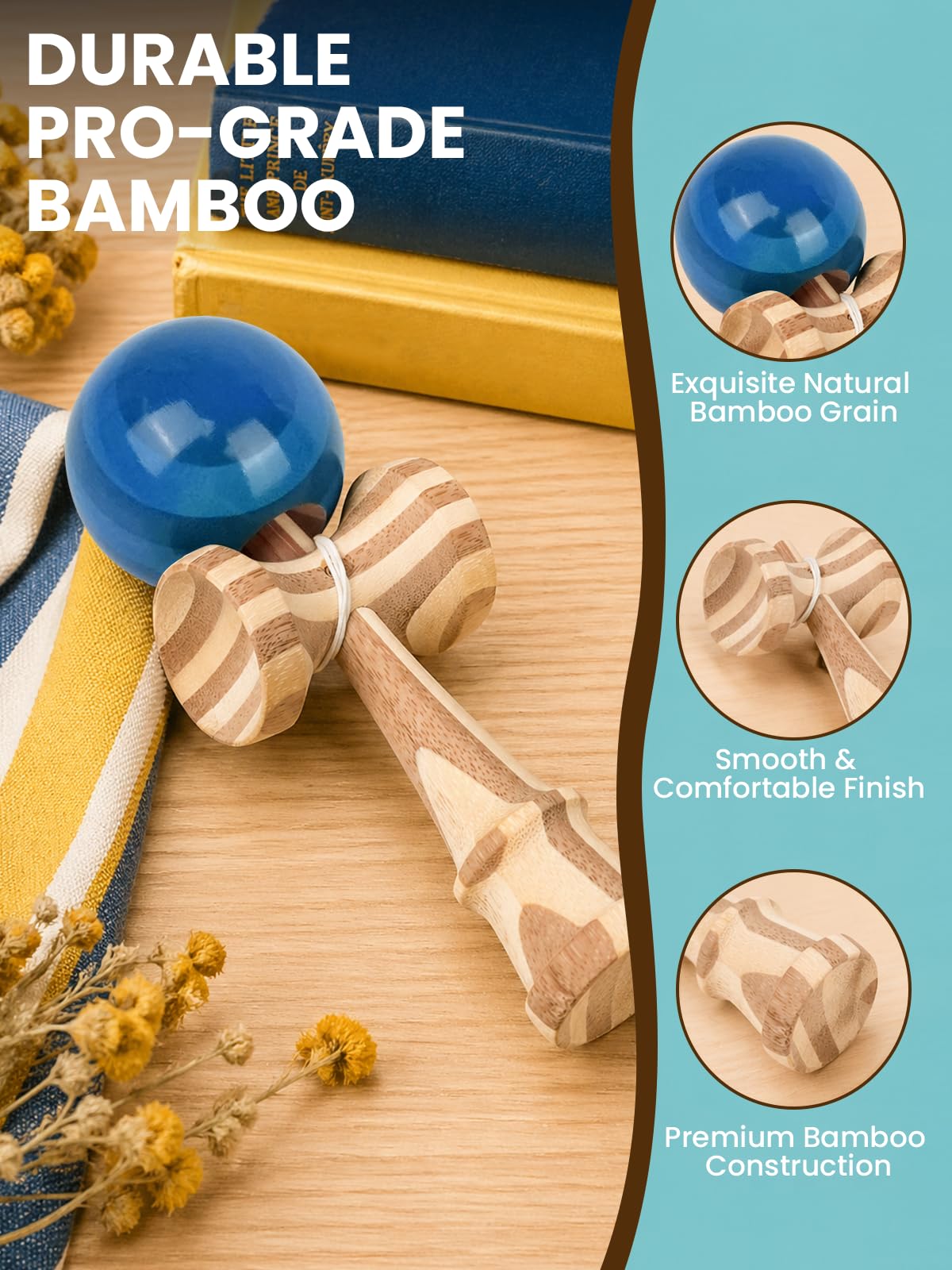 Bamboo Kendama, Traditional Japanese Skill Toy for Kids & Adults(Red&Blue)