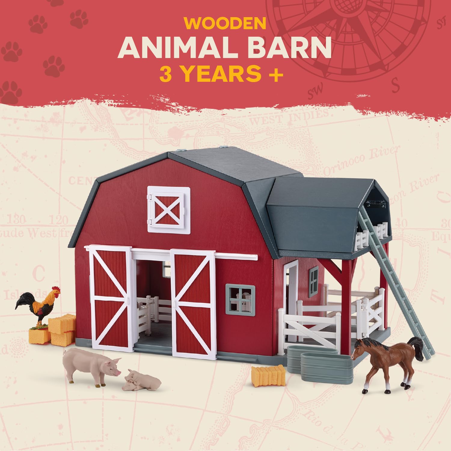 Terra by Battat - 20 Pieces Wooden Animal Barn Toy Set - Farm Animals & Play Fence - Pretend Play for Toddlers & 3+ Years - Educational Toys