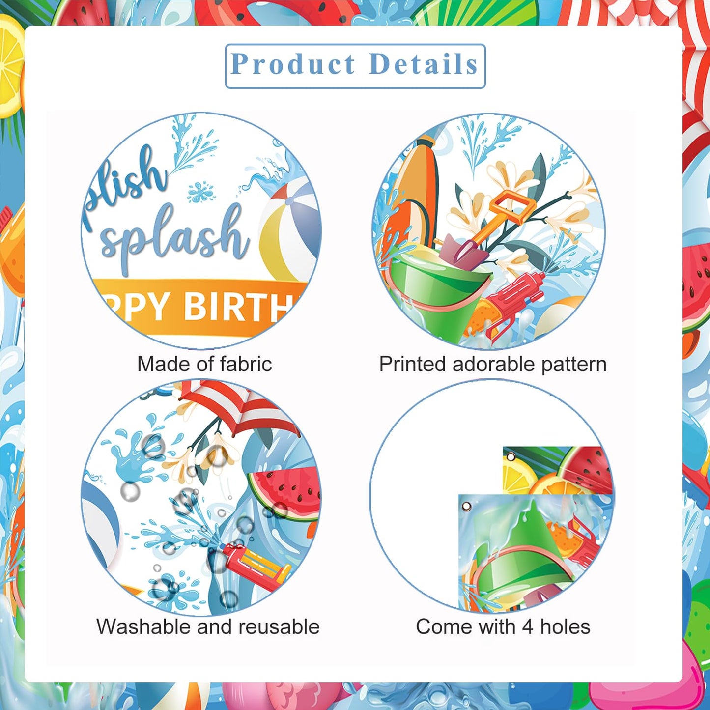 Splish Splash Birthday Backdrop, 71 x 43 Inch Pool Party Decorations Banner