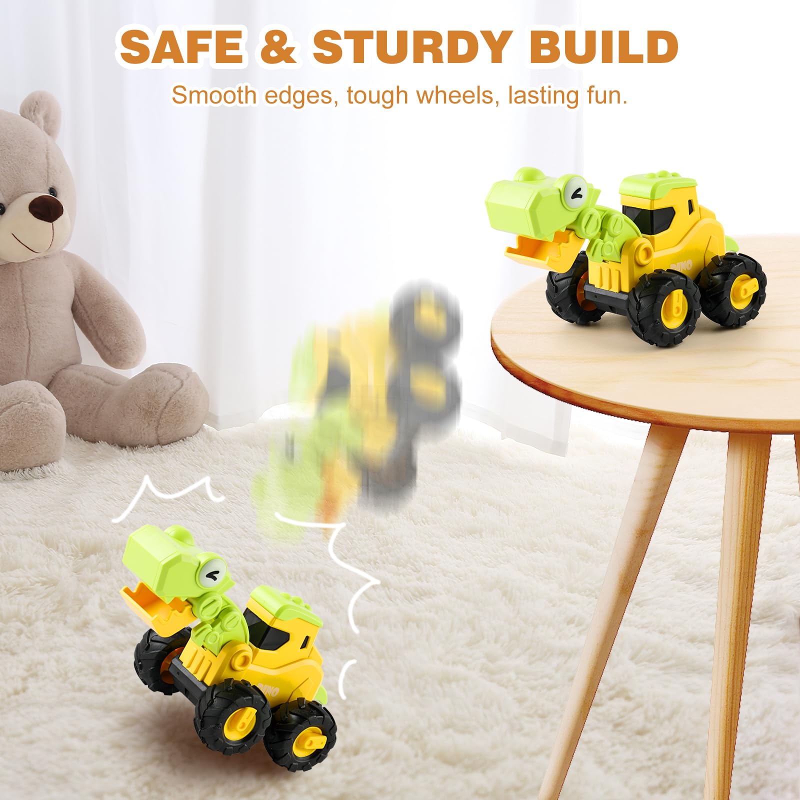 Dinosaur Push Cars for Toddlers 1-3 - 4 Pack Press & Go Dino Vehicles with T-Rex, Triceratops, Raptor & Brachiosaurus, Friction Powered Baby Car Toys