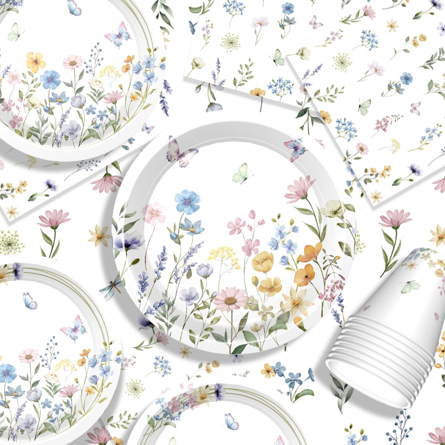 Wildflower Party Supplies Spring Floral Party Supplies Tableware with Wildflower Plates Napkins Cups Tablecloth Banner for Girls First Birthday Floral