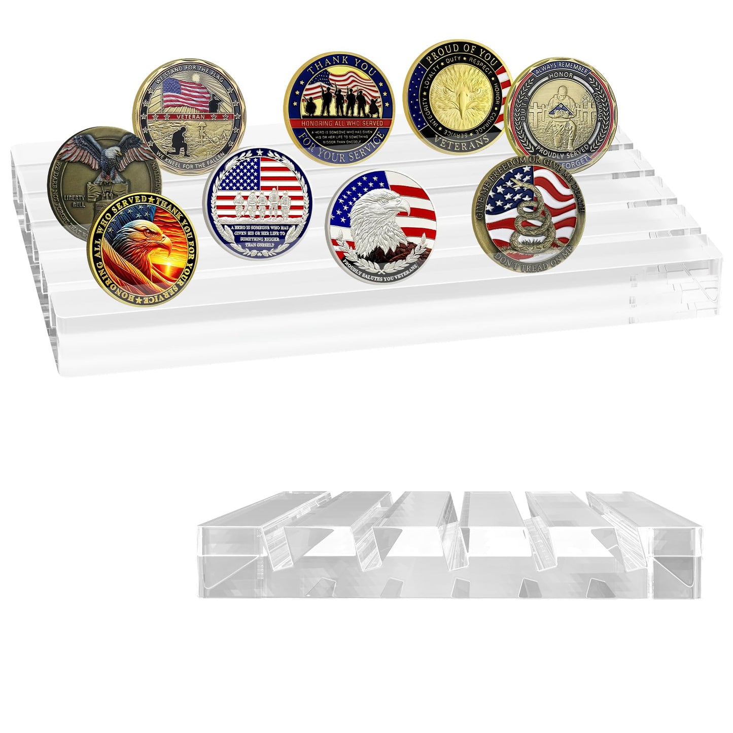 Boloyo Acrylic Challenge Coin Display Stand, Clear 6x4 inch 5 Row Challenge Coins Display Holder Military Coin Display Case Holder Rack for Collectors