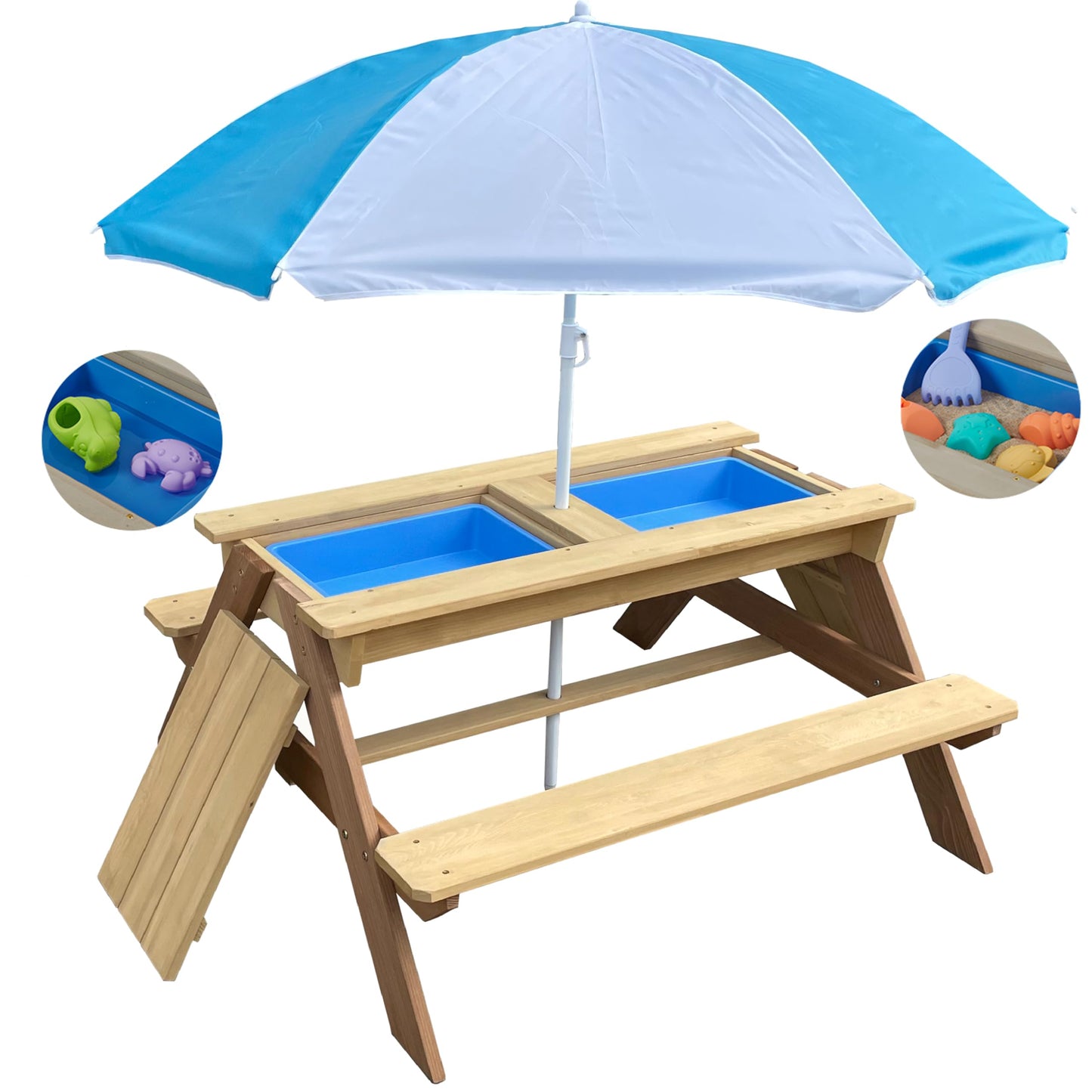 BTExpert Kids 3-in-1 Sand Water Activity Table Wooden Outdoor Convertible Picnic Table Bench Adjustable Umbrella Removable Top 2 Play Boxes Toy Set 37
