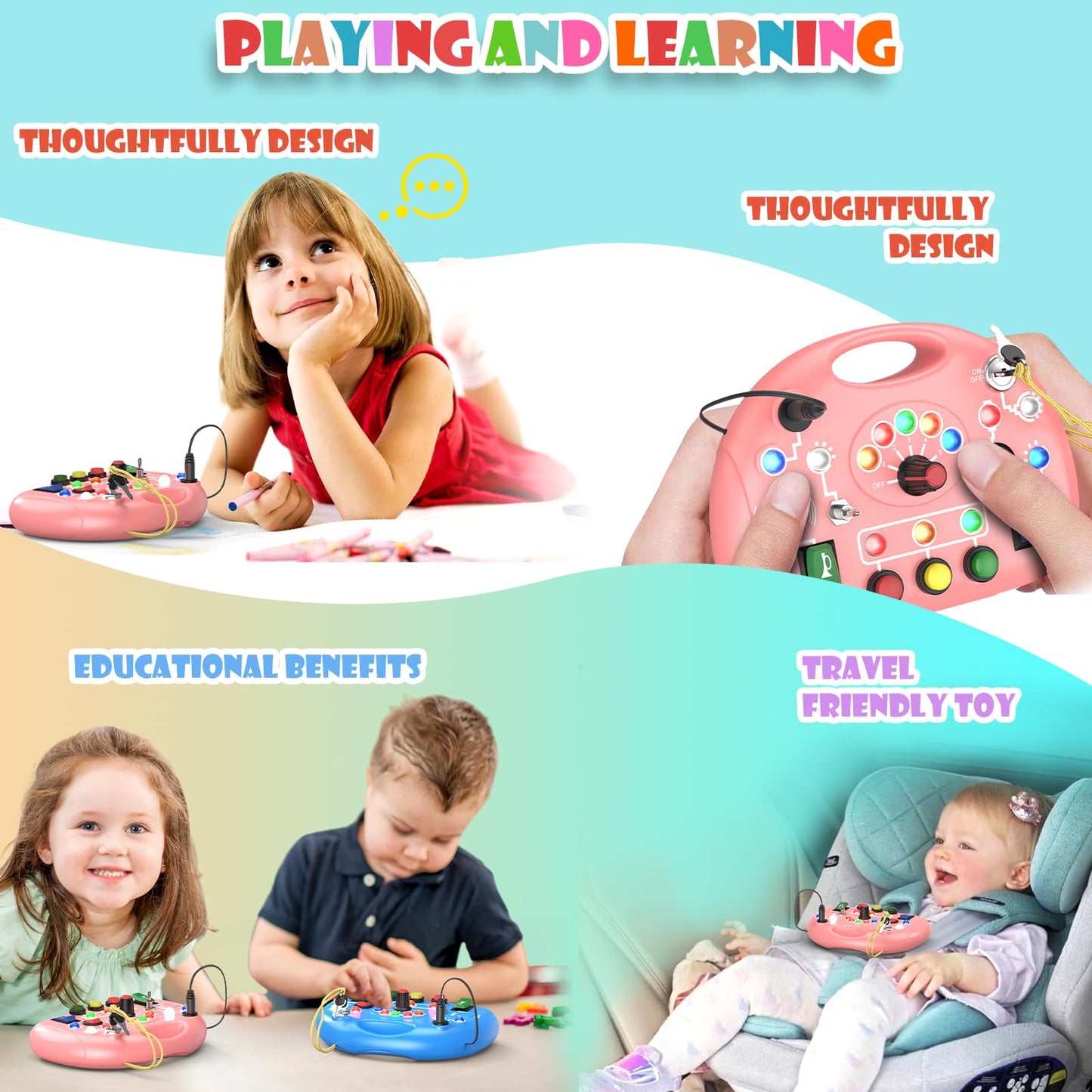JIWORT Montessori Busy Board for Toddlers with LED Light & Switches, Portable Activity Board for Car & Airplane Travel Toys, Christmas & Birthday Gift