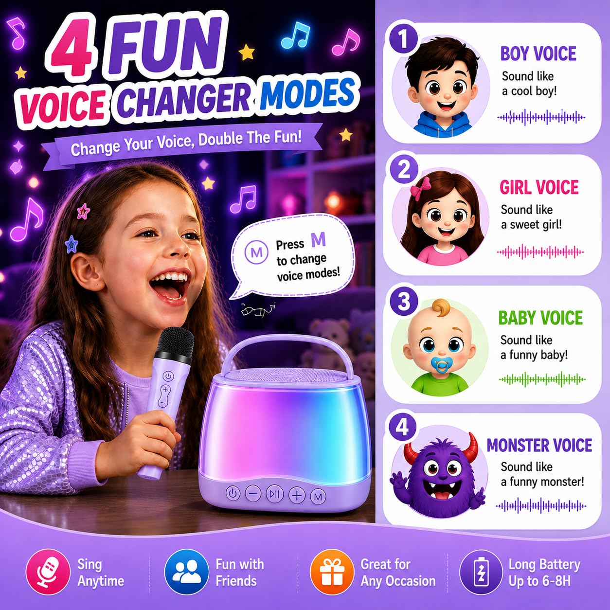 MJI Kiddos Kids Karaoke Machine with 2 Wireless Microphones, Bluetooth Speaker with Voice Changer & LED Lights, Portable Singing Toy Gift for Boys &