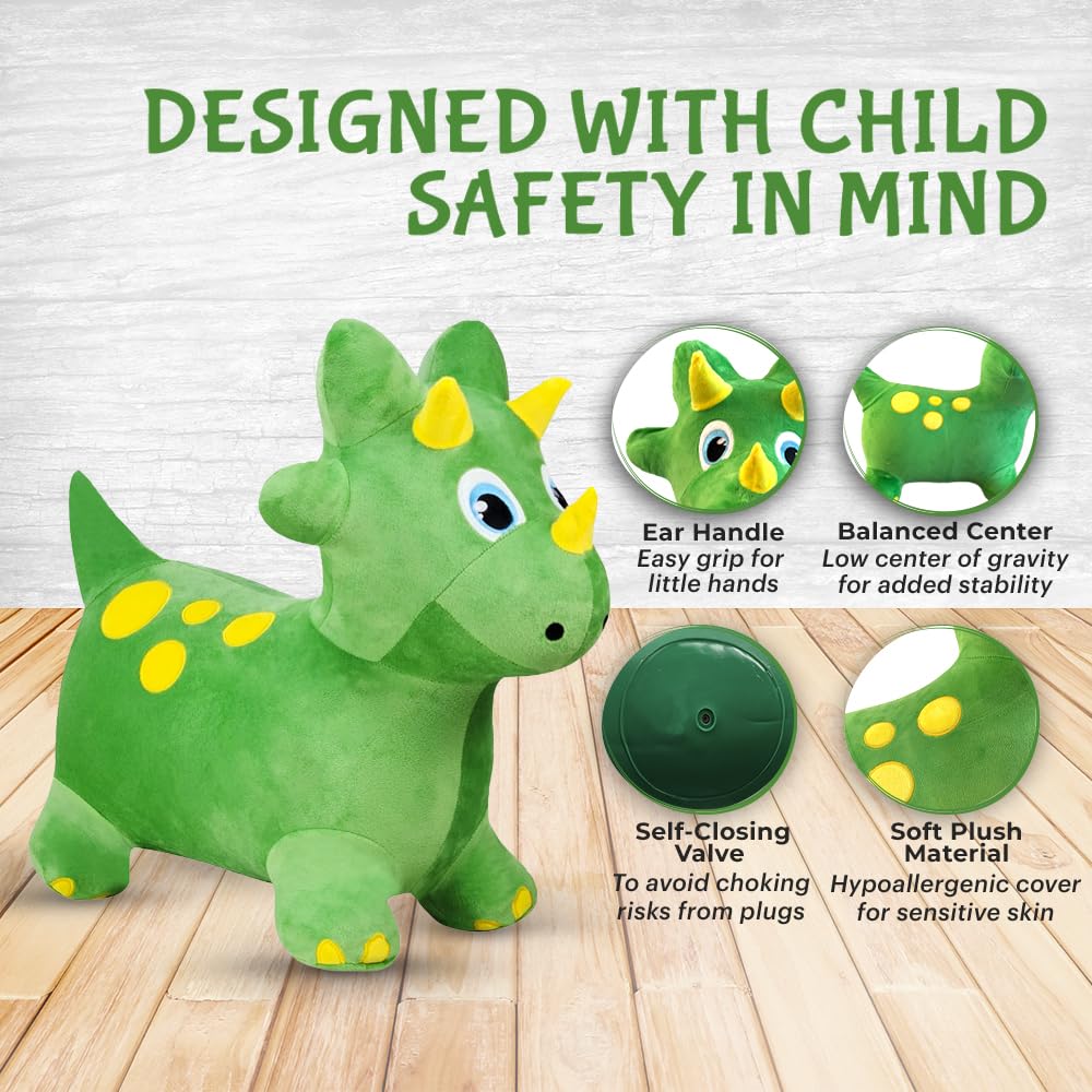 Plush Green Dinosaur Bounce & Ride-on Inflatable Hopper Toddler Toy with Pump