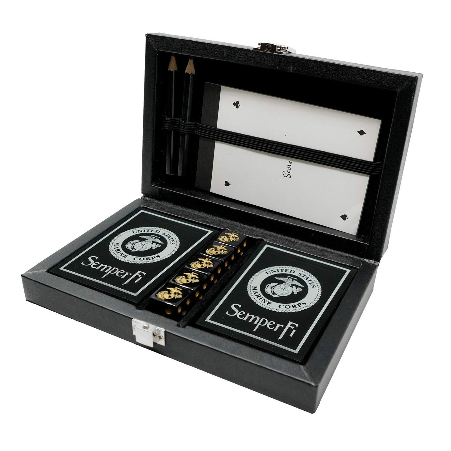 Military Gift Shop Marine Corps Playing Cards and Dice Set - Black Leather Keepsake Box, Playing Cards with USMC Rank Insignia, EGA Dice | USMC B&S