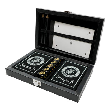 Military Gift Shop Marine Corps Playing Cards and Dice Set - Black Leather Keepsake Box, Playing Cards with USMC Rank Insignia, EGA Dice | USMC B&S