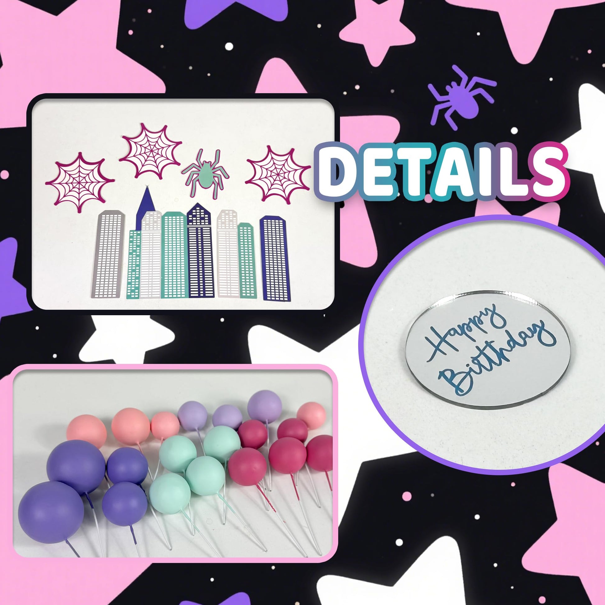 Spider Cake Topper with Pink Spider Web Balls Stars for Animal Themed Birthday