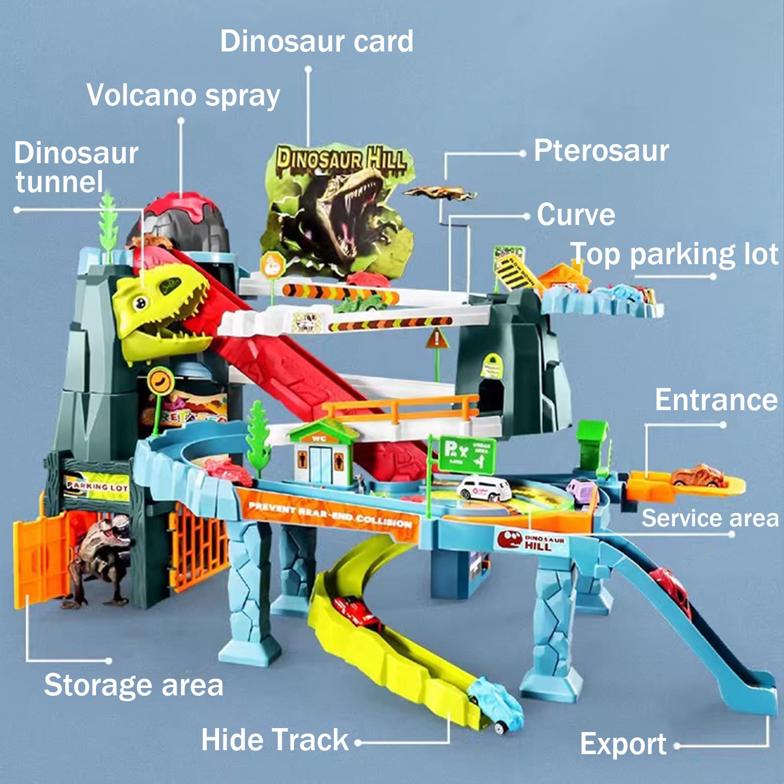 Juqic Children's Toy Car Ramp Track Dinosaur Spray Hills Adventure Railcar Slot Car Vehicle Race Play Set with 20 Mini Cars for Preschool Boys Puzzles