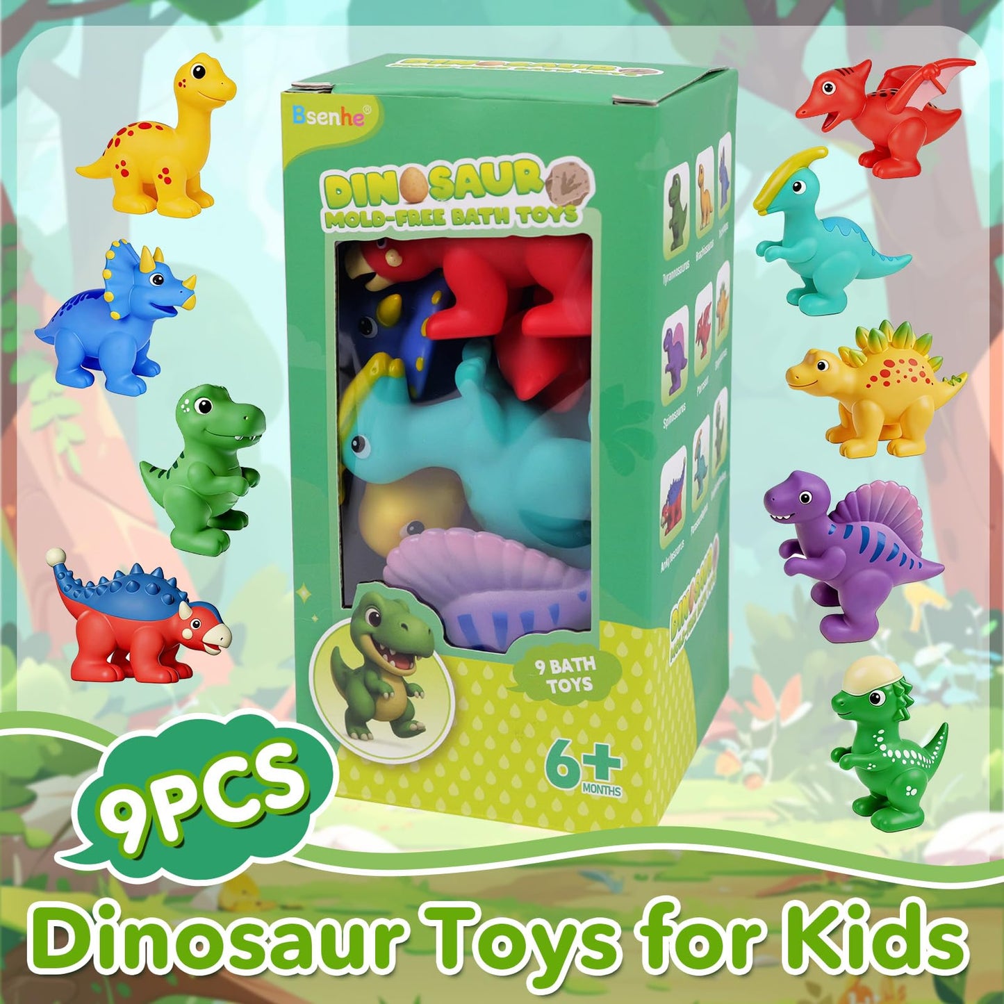 9PCS Dinosaur Bath Toys for Kids, Soft Mold Free Bath Toys