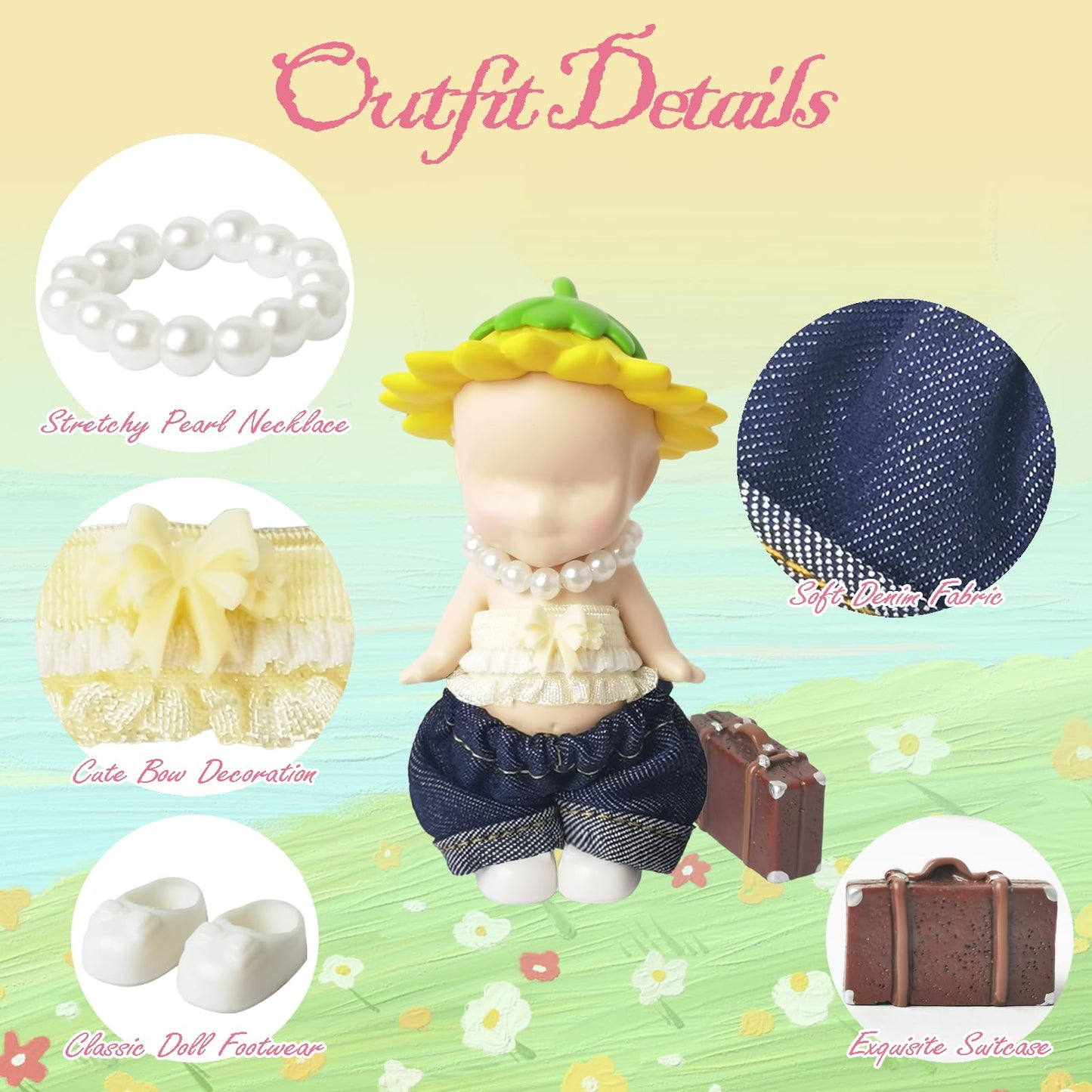 5PCS Doll Clothes for Sonny Angel, Fits 3 Inch Minifigures Outfit Includes Pants, Top, Shoes, Necklace & Suitcase, Cute Display and Decoration