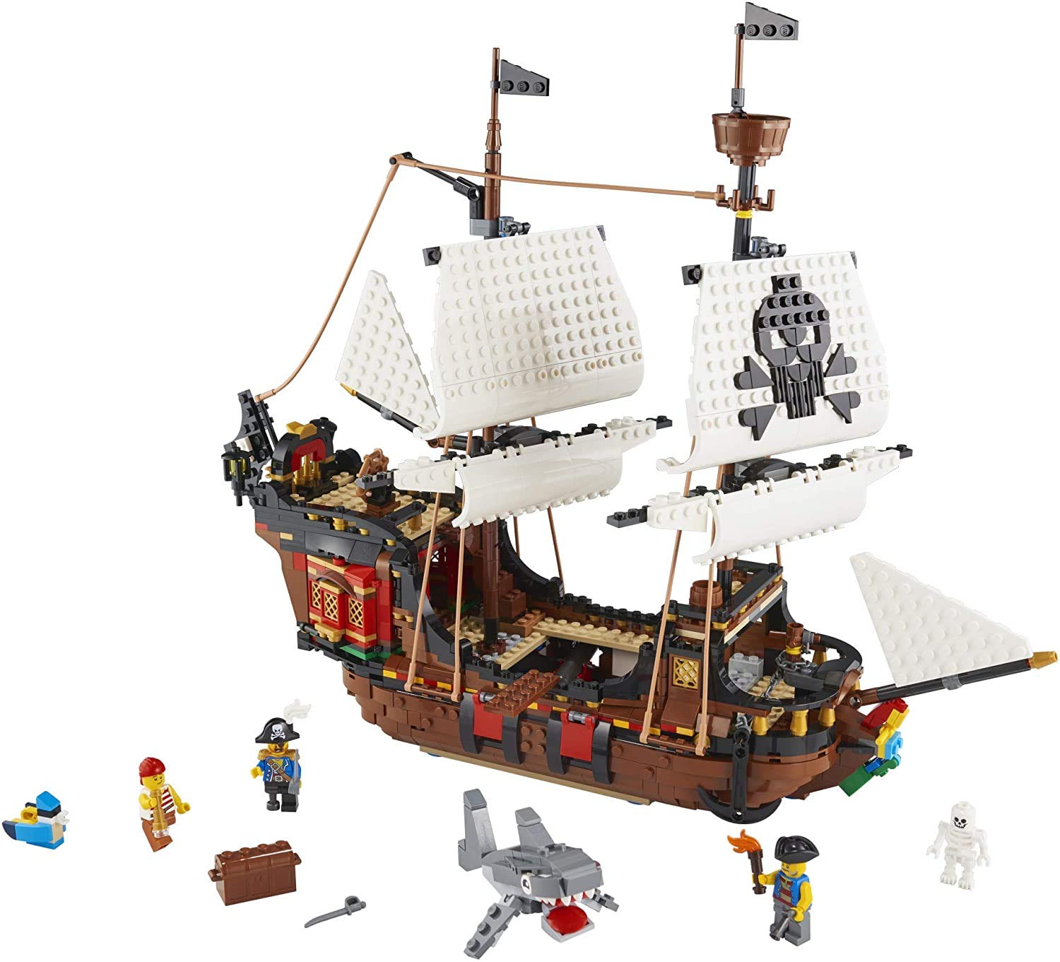 LEGO Creator 3 in 1 Pirate Ship Building Set, Kids can Rebuild The Pirate Ship into an Inn or Skull Island, Features 4 Minifigures and Shark Toy