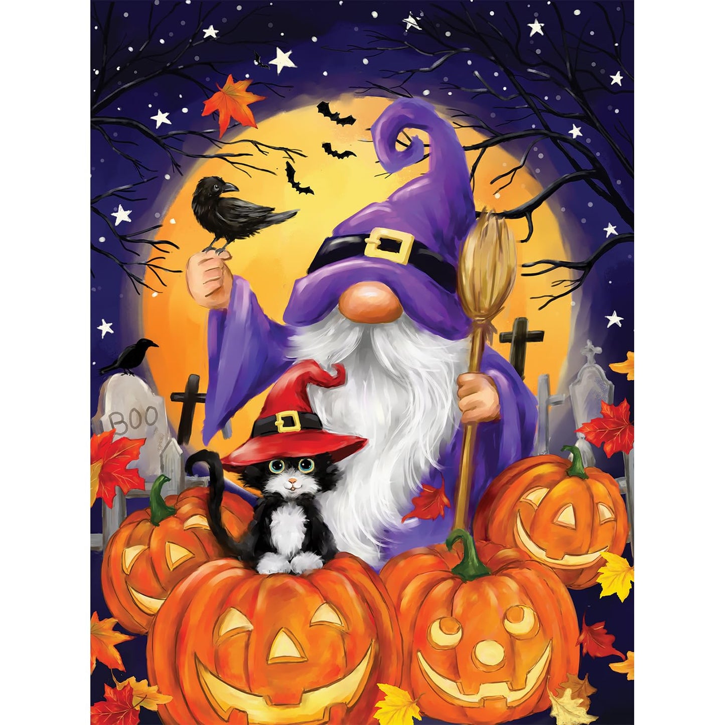 Bits and Pieces 1000 Piece Puzzles for Adults - Large 20" x 27" Jigsaw Puzzles 1000 Pieces Gnome Witch Black Cat Jack-o-Lantern, Random Die Cut, No 2