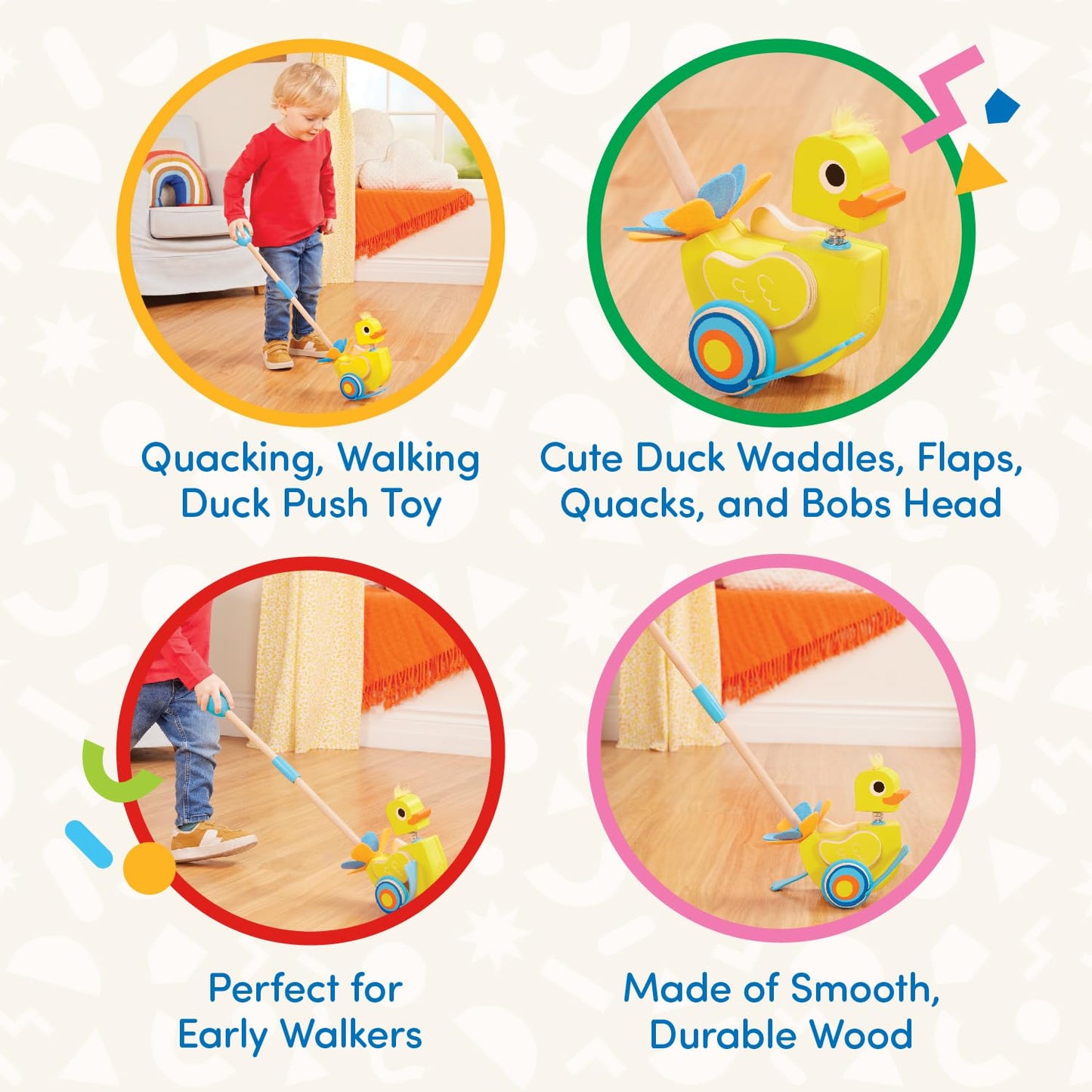 Battat - Waddling Push Toy - Wooden Duck - Walks & Flaps - Silly Sounds & Bobble Head - 12+ Months - Quack & Go Duck
