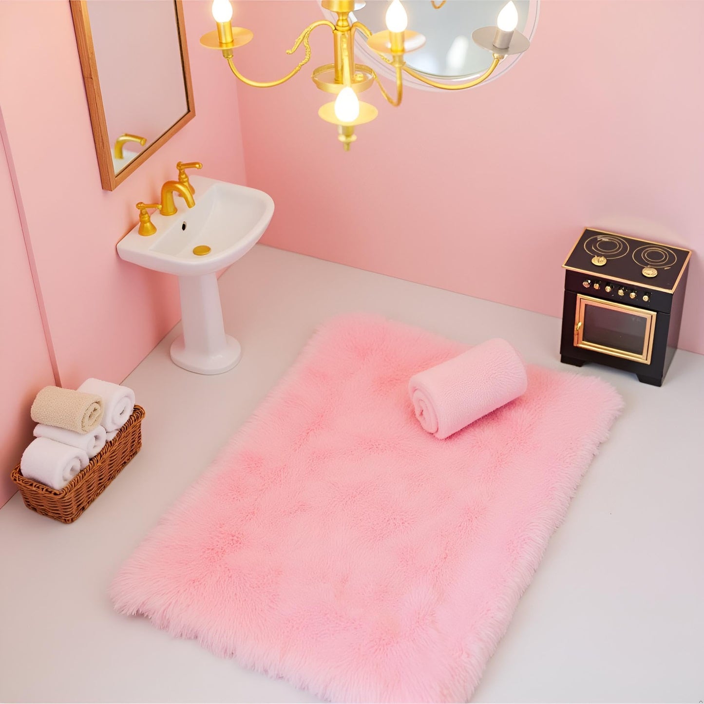 Pink Dollhouse Carpet, Dollhouse Miniature Carpet, Fluffy Mini Dollhouse Rug, Doll House Rug, Lightweight Dollhouse Decor for 1/12, 1/8, 1/6 (Square
