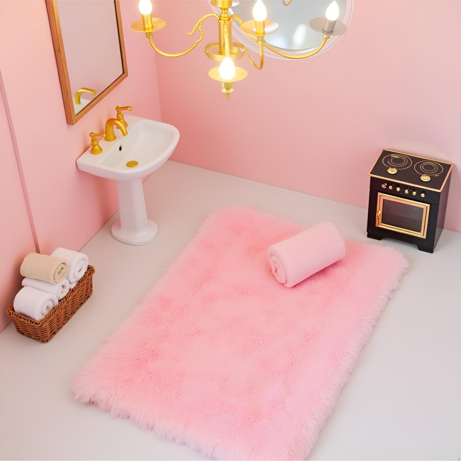 Pink Dollhouse Carpet, Dollhouse Miniature Carpet, Fluffy Mini Dollhouse Rug, Doll House Rug, Lightweight Dollhouse Decor for 1/12, 1/8, 1/6 (Square