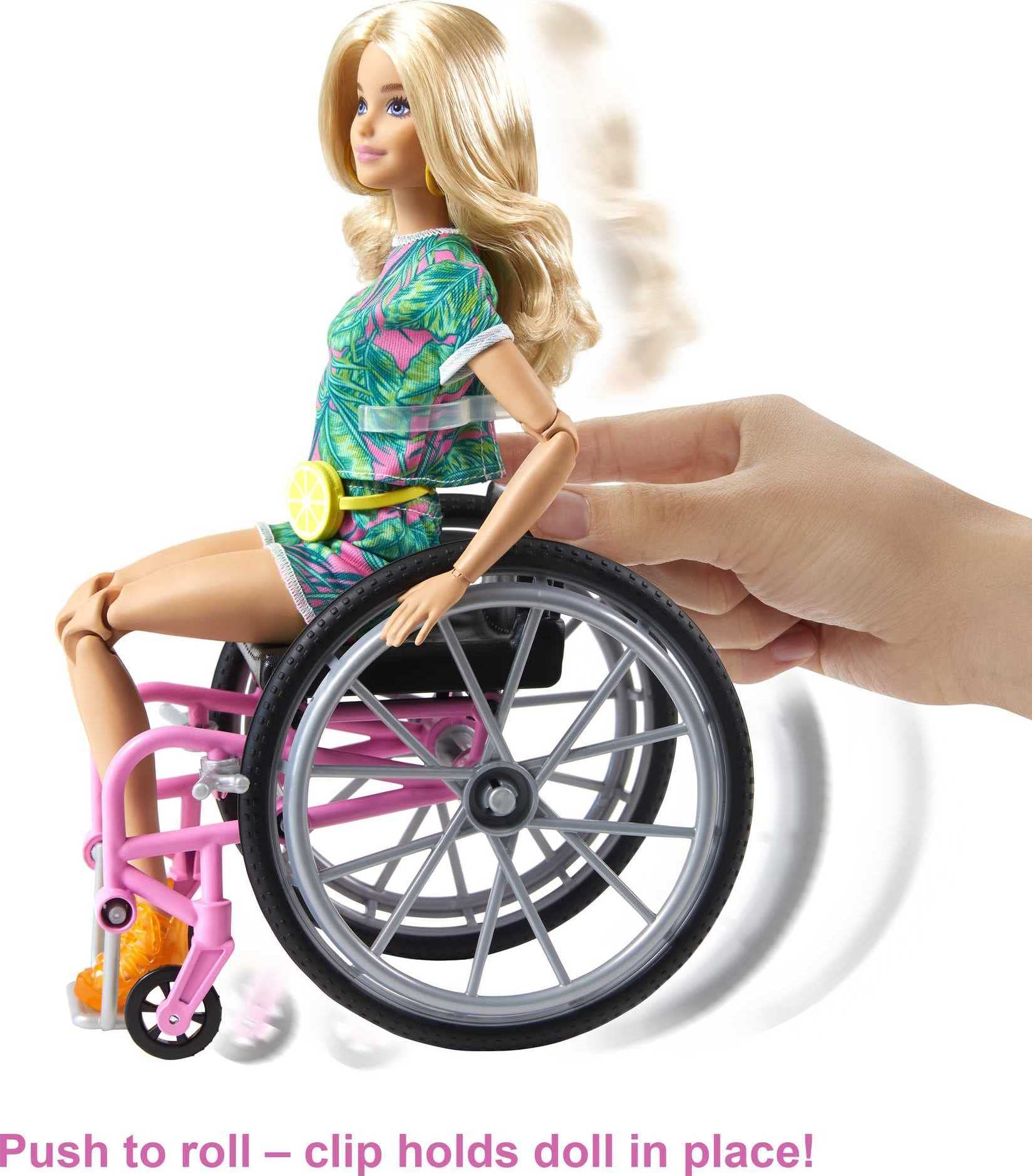 Barbie Fashionistas Doll #165 with Wheelchair & Ramp, Wavy Blonde Hair & Tropical-Print Outfit with Accessories