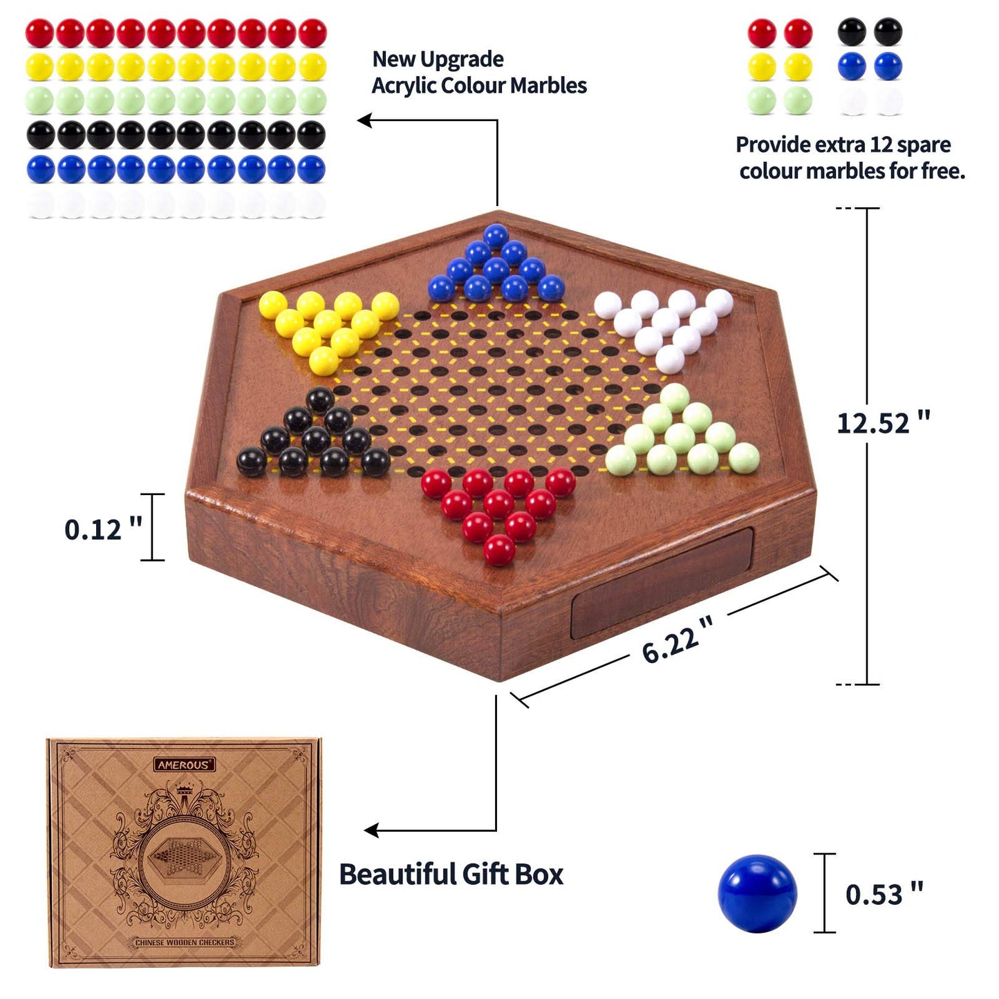 AMEROUS 12.5 inches Wooden Chinese Checkers Set with Storage Drawer - 60 Acrylic Marbles in 6 Colors - 12 Bonus Spare Marbles, Classic Strategy Family