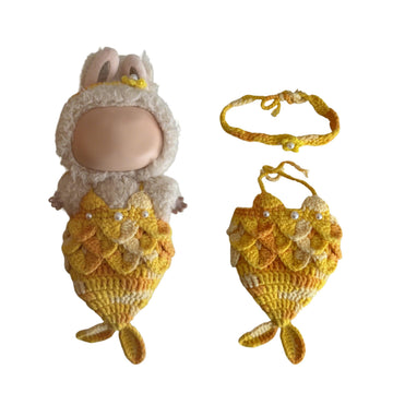 TuffSupplies DollClothes for Labubu - Yellow Mermaid, 2pcs Handcrafted Crochet Outfit with Headband & Dress, Adorable Designer Swimsuit for 17cm
