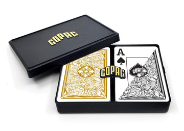 Copag Legacy Design 100% Plastic Playing Cards, Bridge Size (Narrow) Jumbo Index Black/Gold Double Deck Set