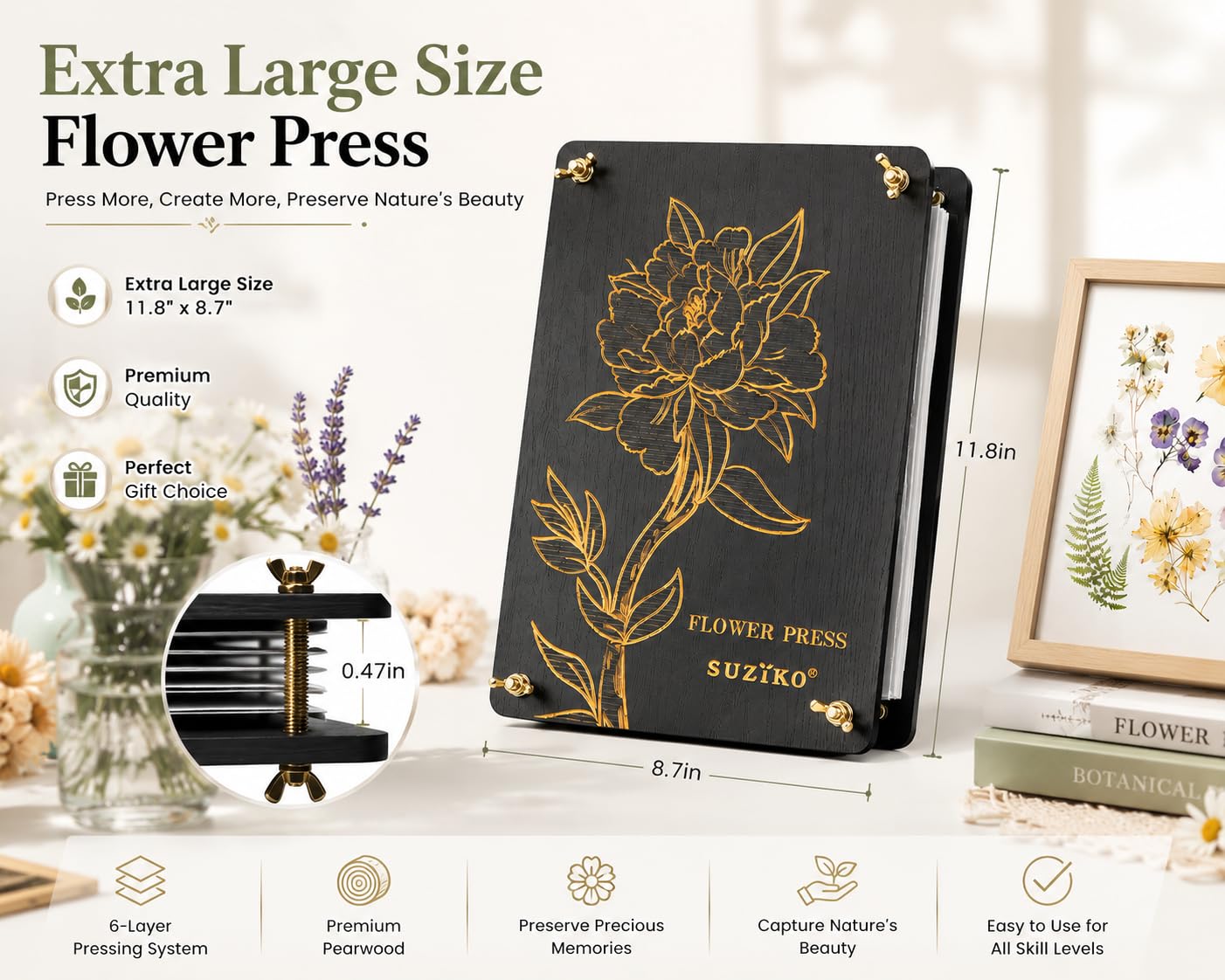 Suziko Large Flower Press Kit 11.8 x 8.7 inch 6 Layers with Photo Frame and Book Marks,Plant Pressing Kit for Adults Measures, Fast Making Pressed
