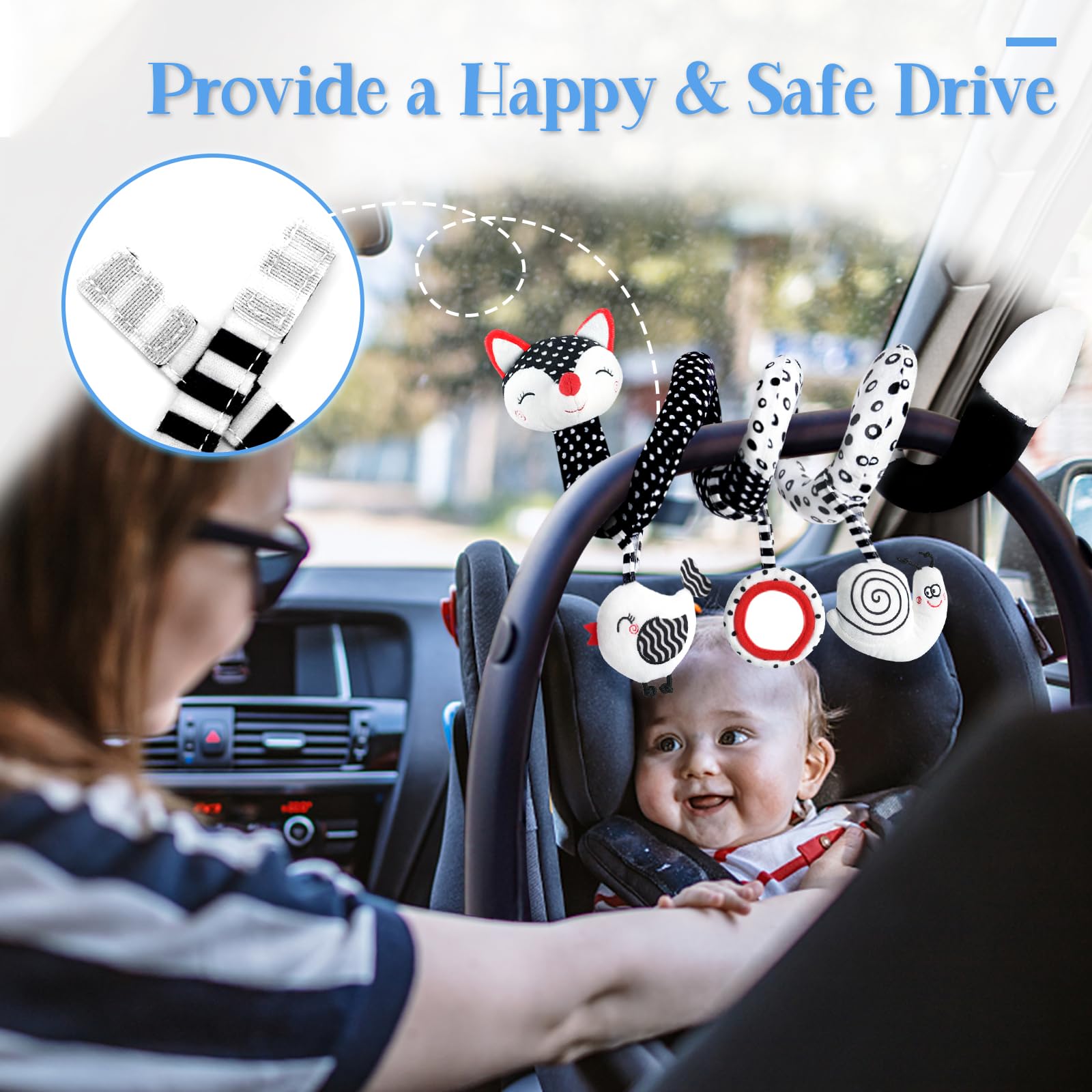 Car Seat Toys for Babies 0-6 Months Boy Girl Carseat Toys Hanging, Black and White High Contrast Baby Toy for Newborn, Baby Infant Sensory for Crib