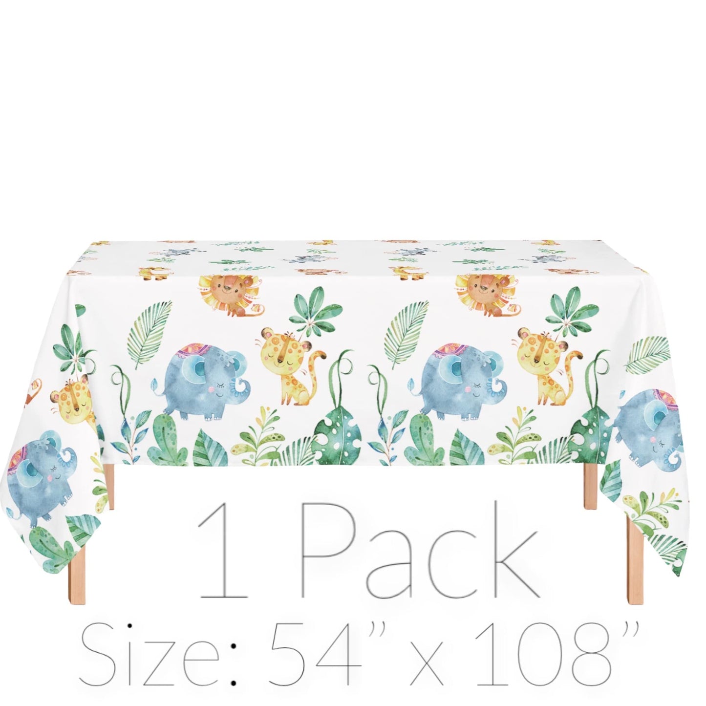 Oojami Jungle Safari Tablecloth Set with Banner - Baby Shower Party Supplies 54"x108" - Waterproof PE Material - Adorable Animal Print with Lions