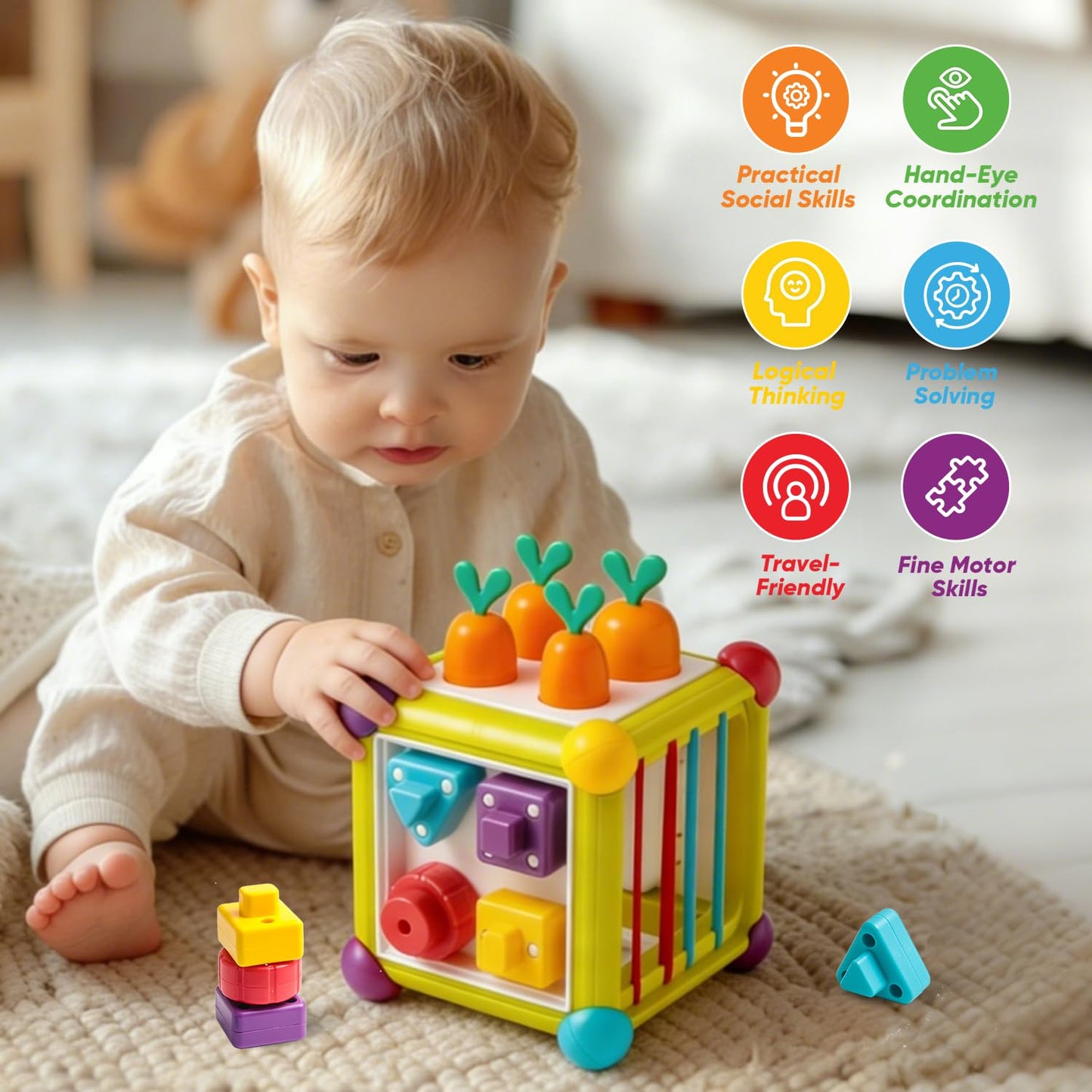 Seozio Montessori Activity Cube Toys for Baby, 6-in-1 Shape Sorting Toy, Fine Motor Learning Game for Toddlers 1-3