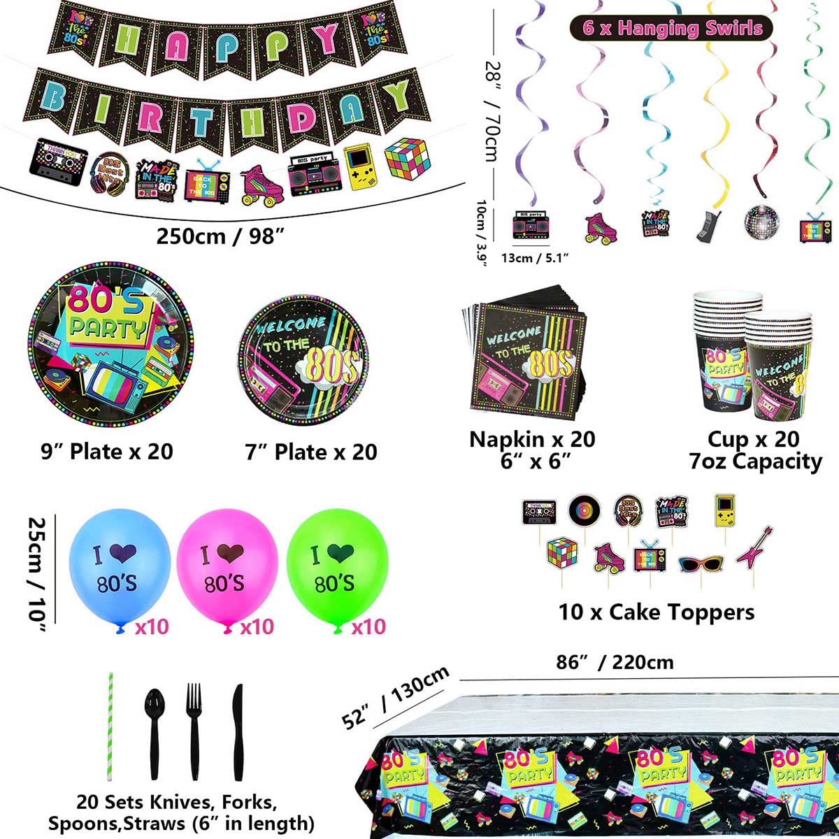 80s Party Supplies - Back to the 80s Party Decorations Set Including HAPPY BIRTHDAY Banner, Hanging Swirls, 80s Element Bunting, Plates, Cups