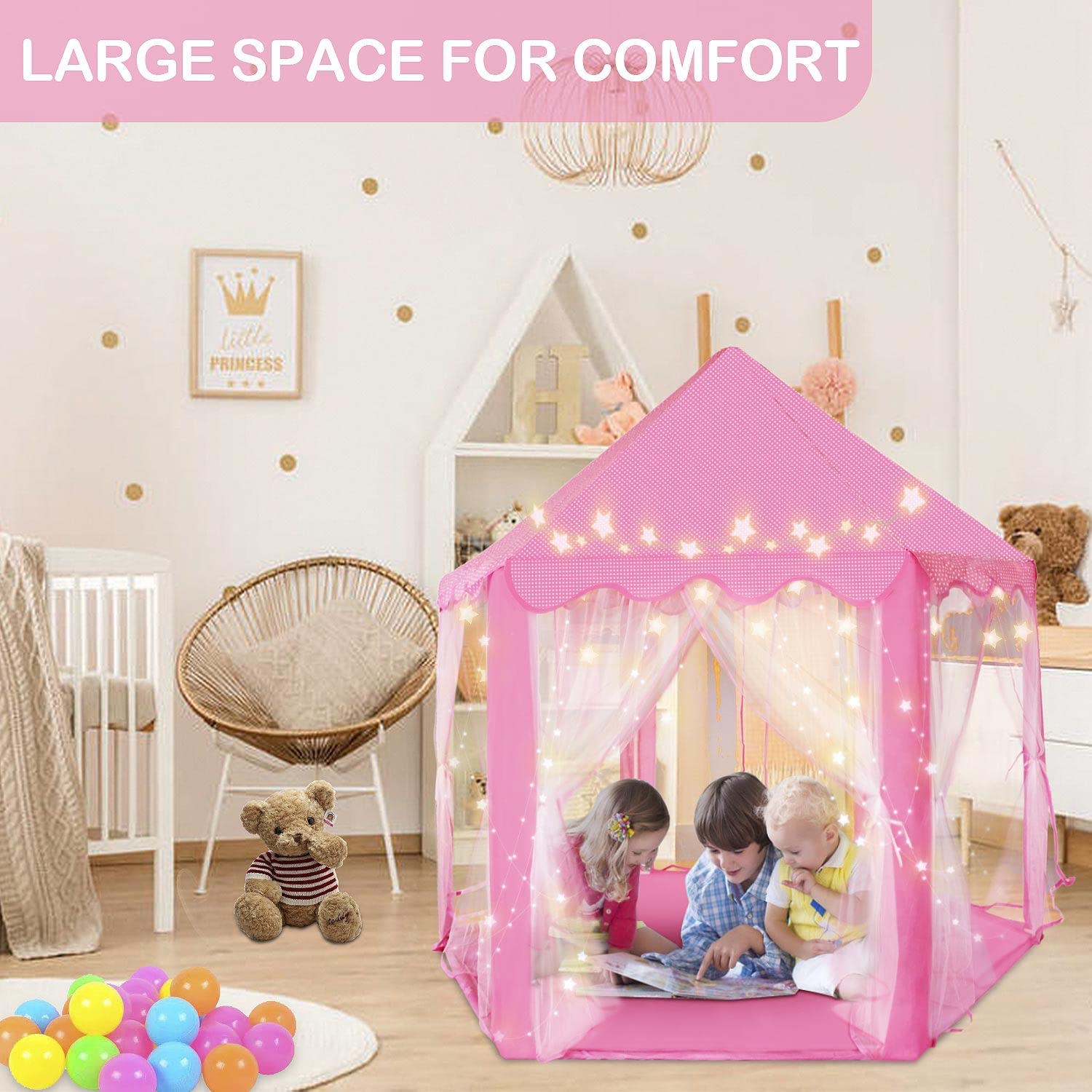 Kid's Play Tent, 55" x 53" (DxH) Princess Tent for Girl, with Star Lights