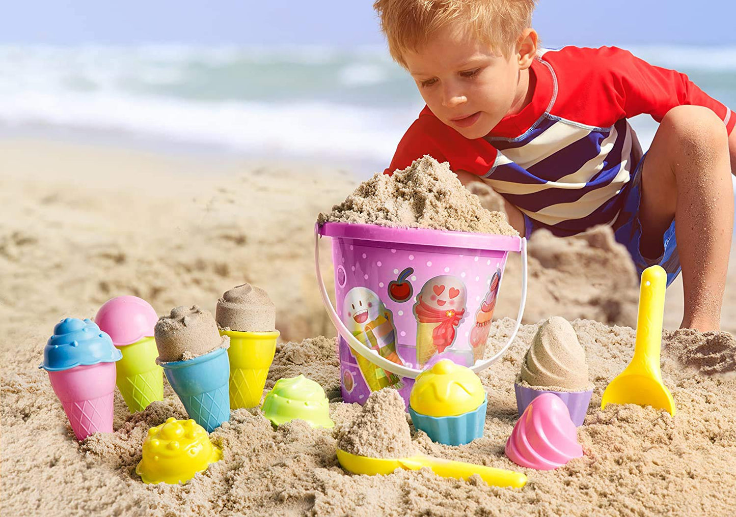 Top Race Ice Cream Sand Toys for Kids with Large 9" Bucket Pail and Spade Scoop Shovels - Kid Beach Toys | 16pcs (Pink) Ice Cream Playset Great