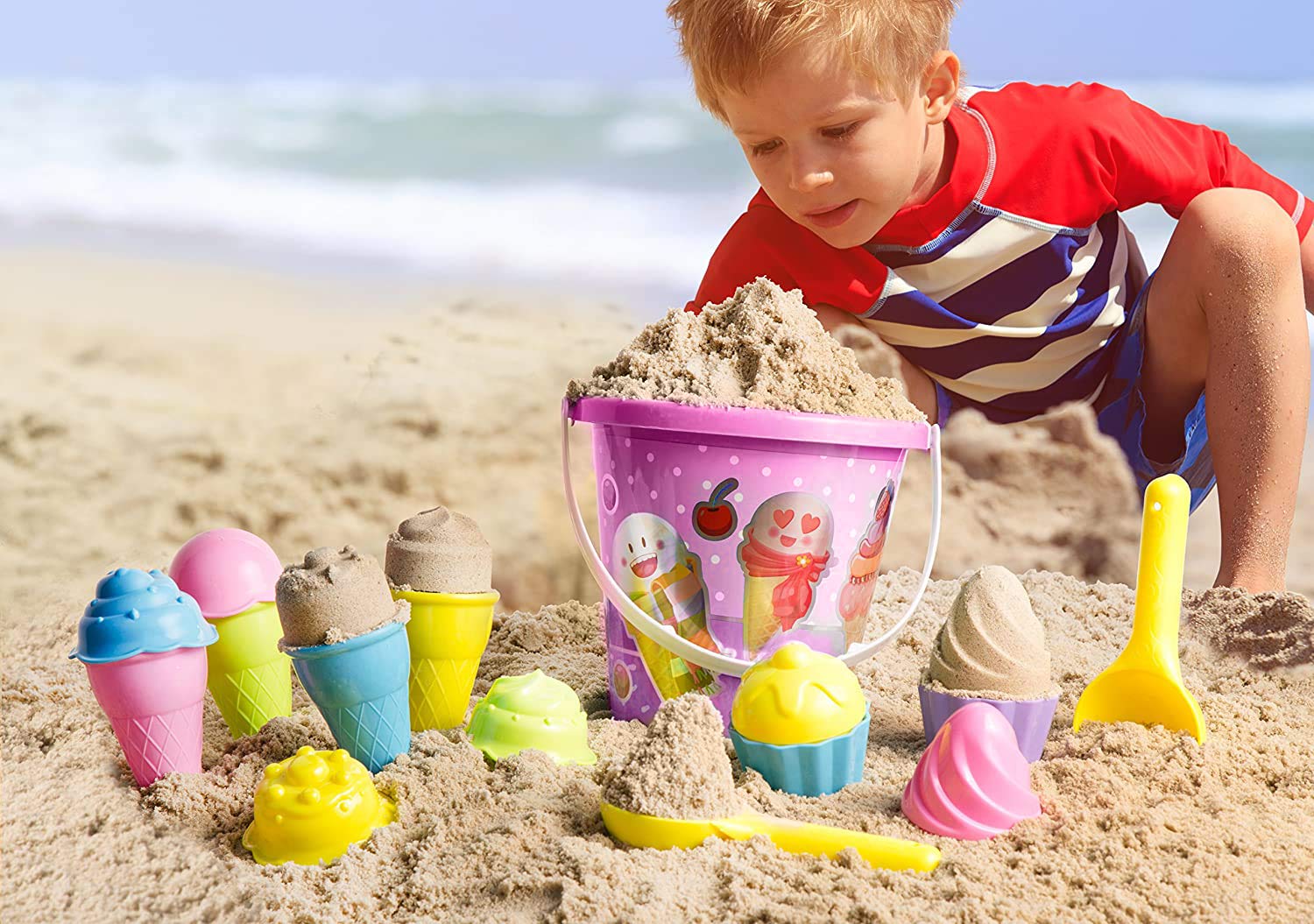 Top Race Ice Cream Sand Toys for Kids with Large 9" Bucket Pail and Spade Scoop Shovels - Kid Beach Toys | 16pcs (Pink) Ice Cream Playset Great