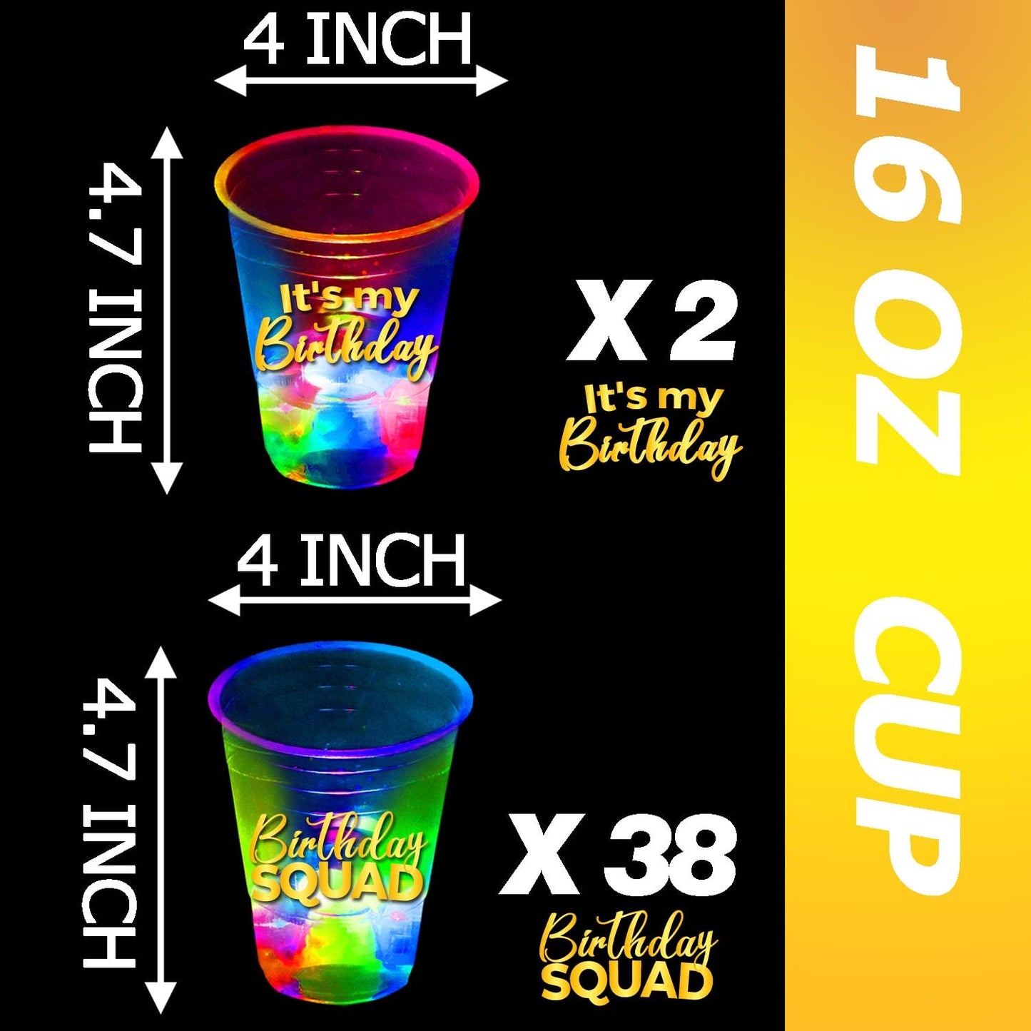 mishunyus 24 Pack Glow Birthday Squad Cups 16oz - Reusable Light Up Party Cups for Adult Birthdays 21st, 30th, 40th, 50th, 60th Theme Decorations
