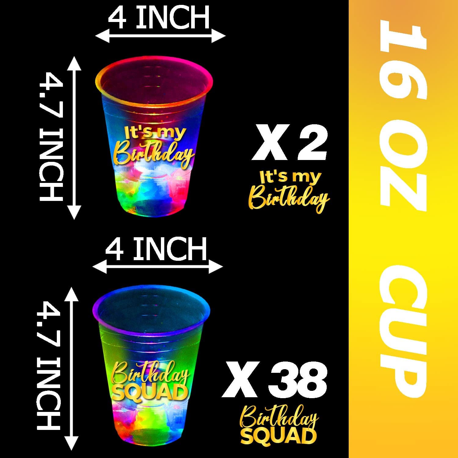 mishunyus 24 Pack Glow Birthday Squad Cups 16oz - Reusable Light Up Party Cups for Adult Birthdays 21st, 30th, 40th, 50th, 60th Theme Decorations