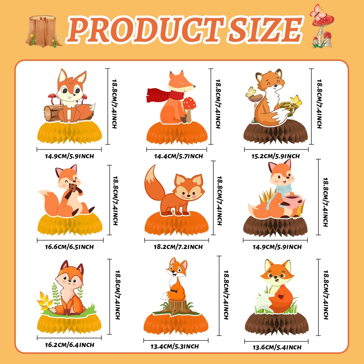 9PCS Fox Honeycomb Centerpieces 3D Table Topper Woodland Animals Double Side Centerpieces for Girl Boy Fox Theme Baby Shower Birthday Party