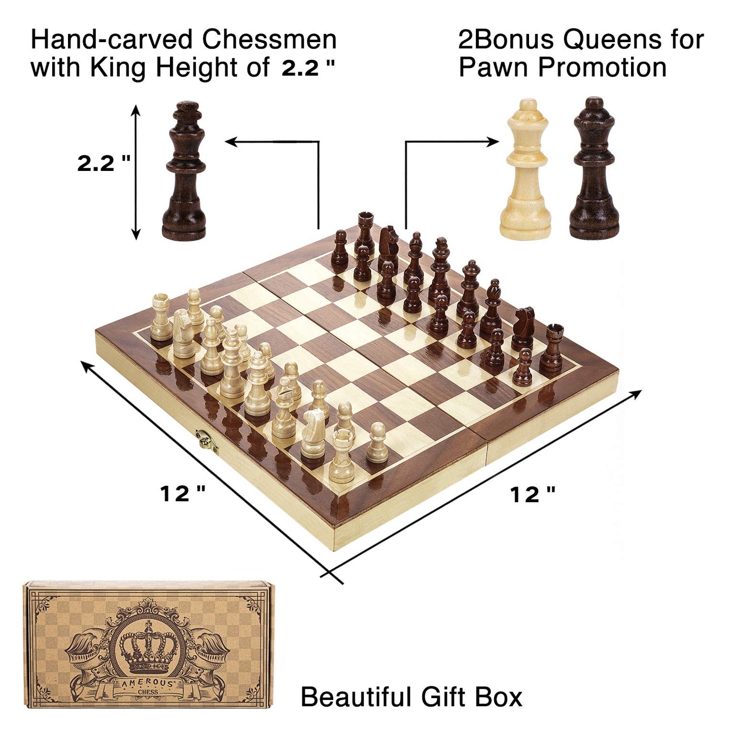AMEROUS 12" x 12" Magnetic Wooden Chess Set for Kids and 6 up Age, 2 Bonus Extra Queens, Folding Board with Storage Slots, Handmade Chess Pieces