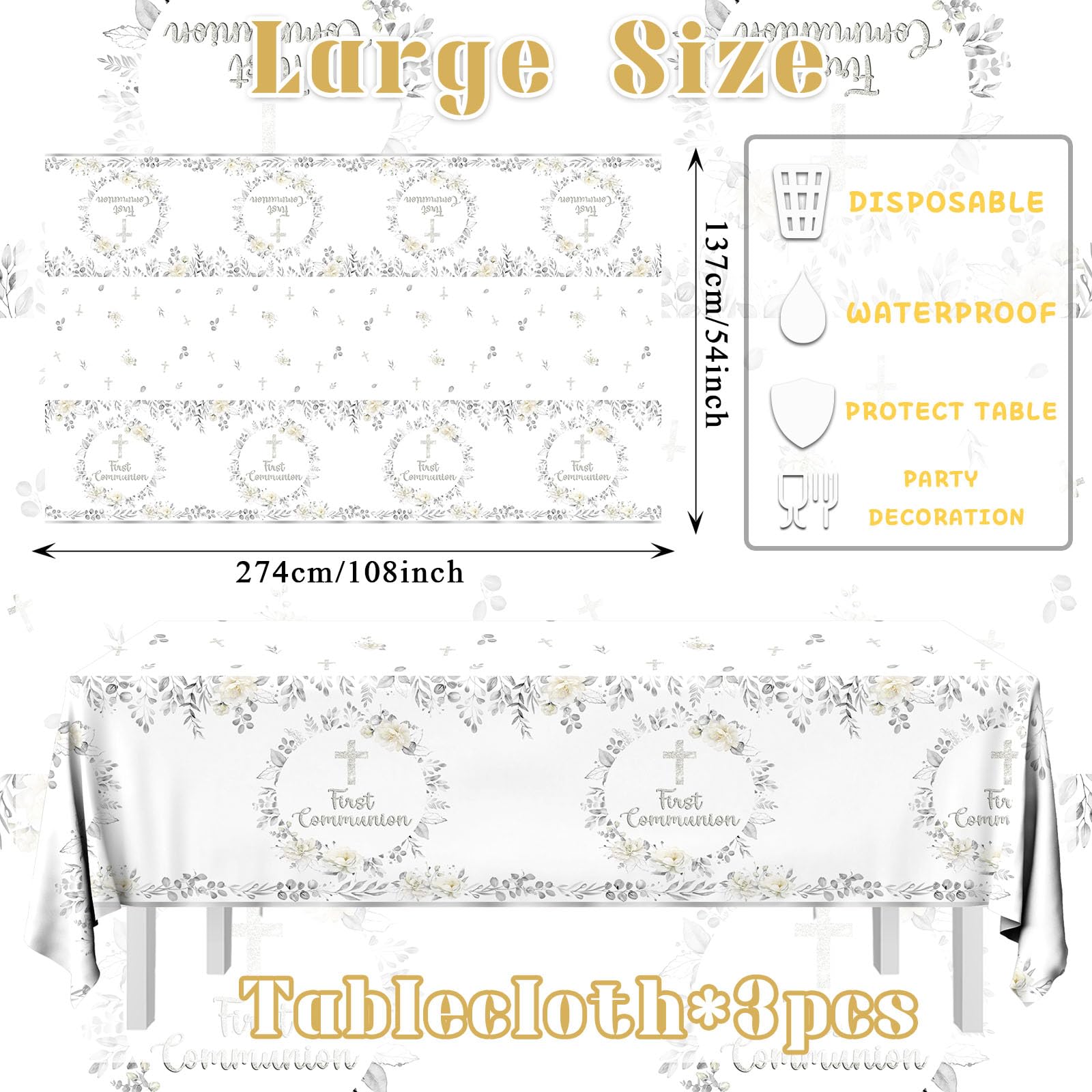 First Communion Tablecloth Decorations, 3Pcs Silver God Bless Baptism Tablecloths,First Holy Communion Cross Baptism Table Cover for Baby Shower First