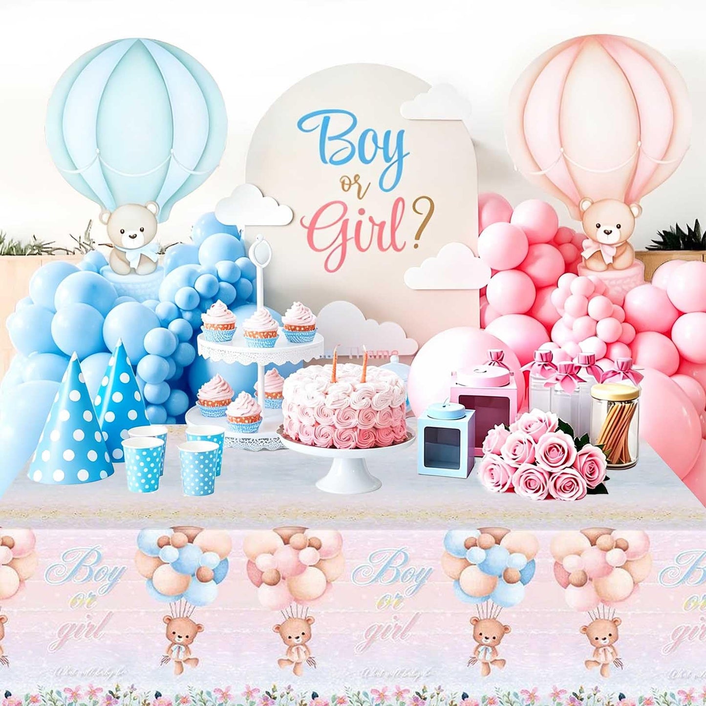 Shalve 2pcs Gender Reveal Tablecloth 137×274 cm Teddy Bear Pattern Table Cover, Boy or Girl Gender Reveal Party Supplies for Baby Shower, Birthday